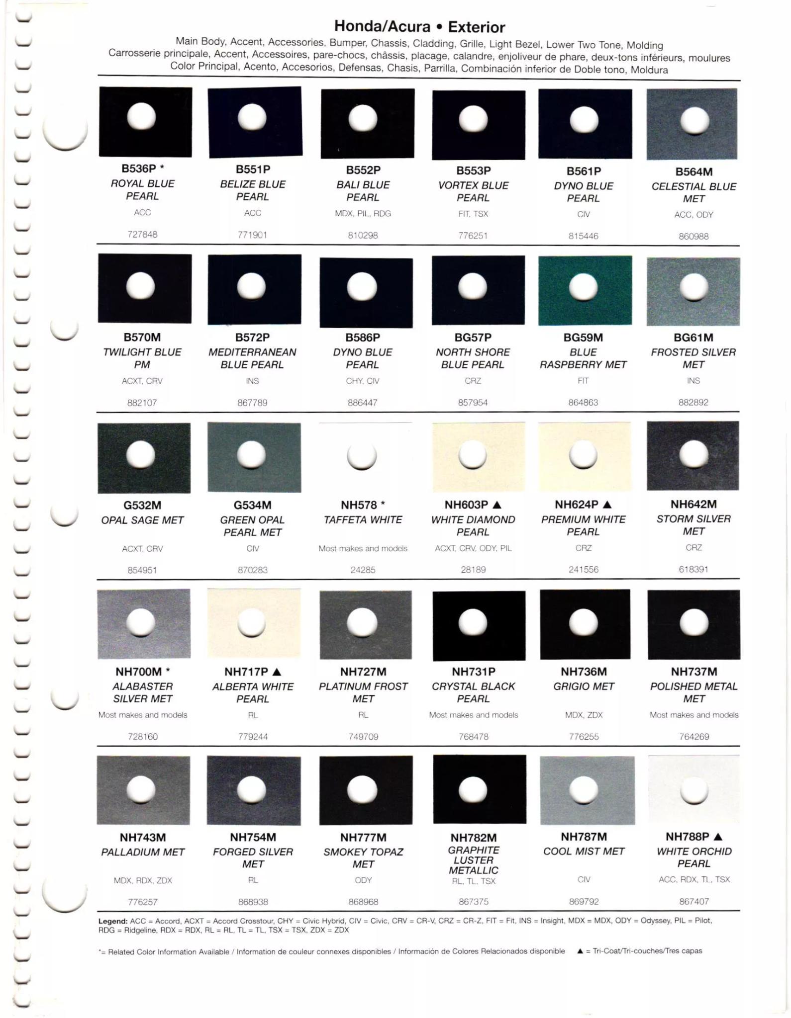 Paint codes, and their ordering stock numbers for their color on 2012 vehicles