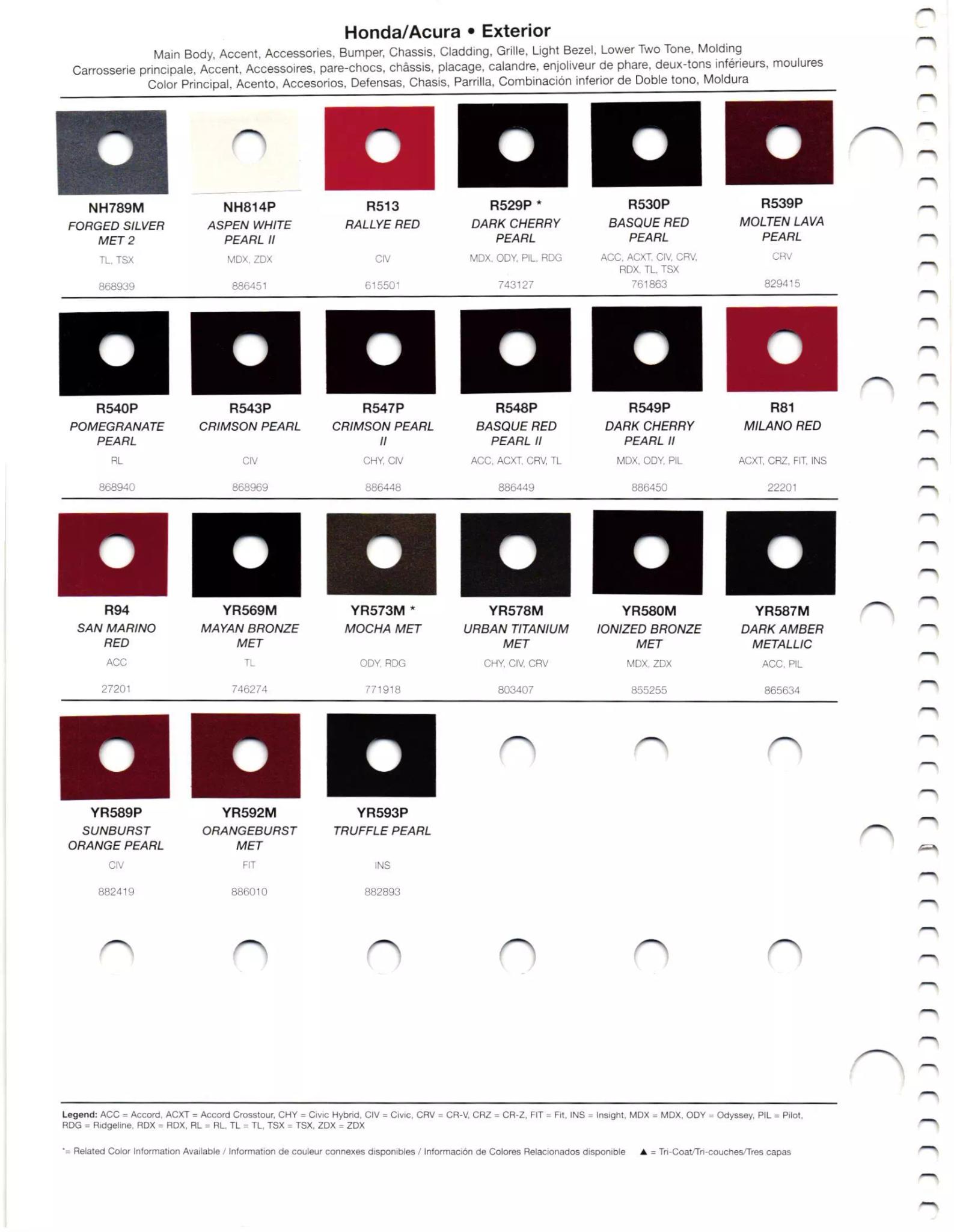 Exterior paint chips and their ordering codes for Honda and Acura Vehicles