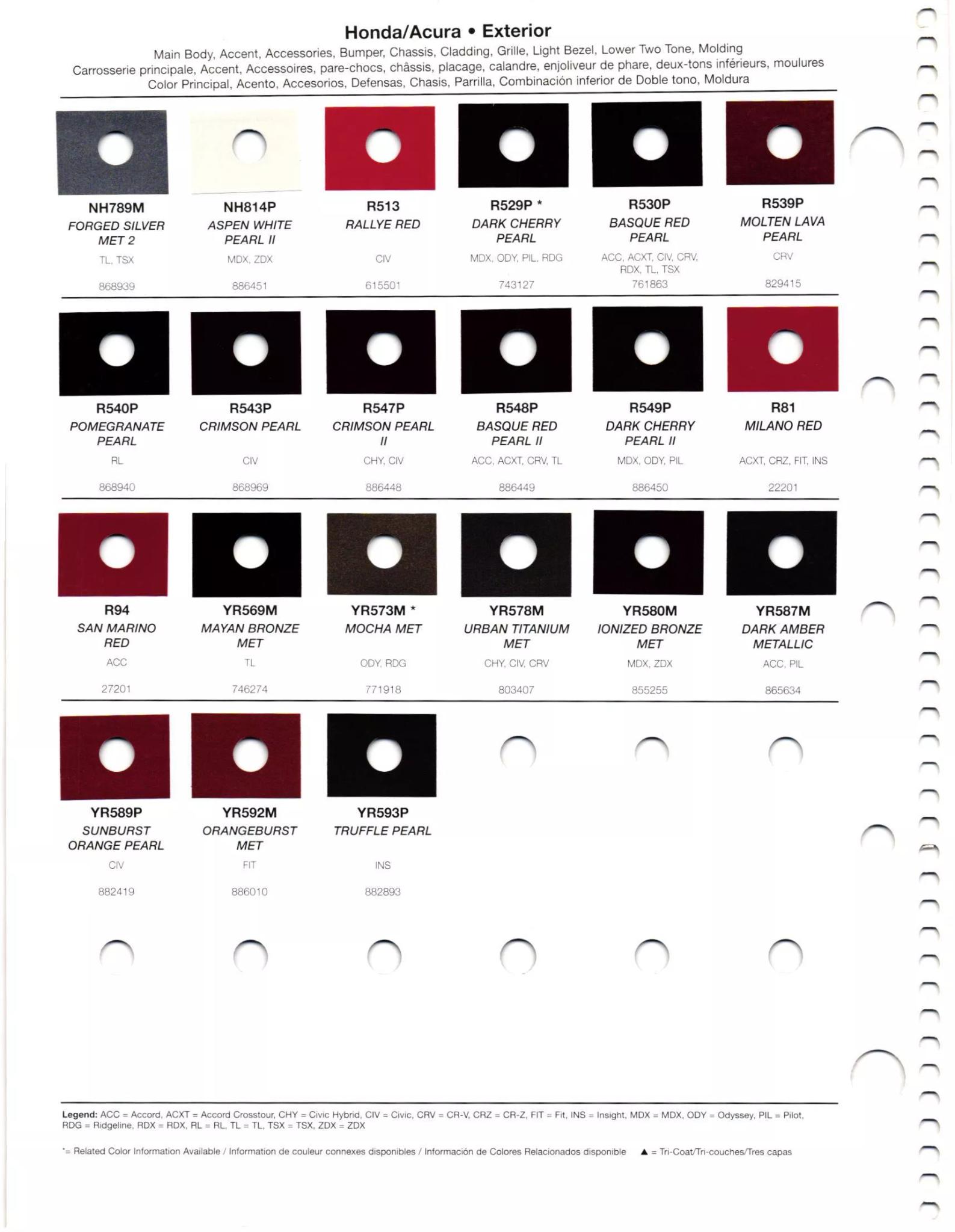 Paint codes, and their ordering stock numbers for their color on 2012 vehicles