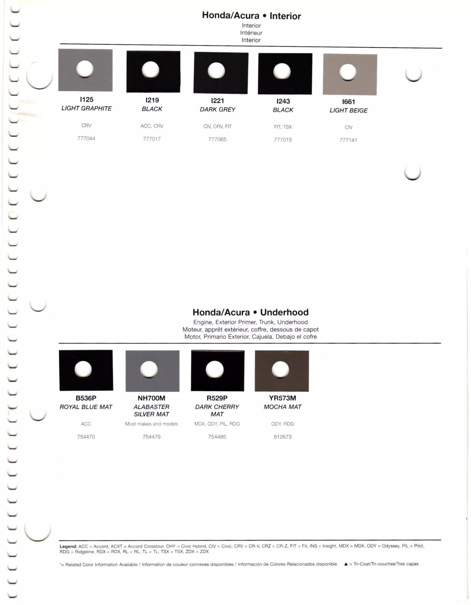 Exterior paint chips and their ordering codes for Honda and Acura Vehicles