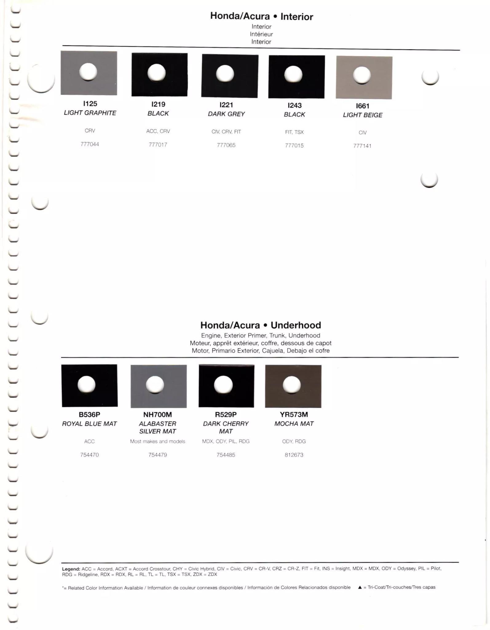 Paint codes, and their ordering stock numbers for their color on 2012 vehicles