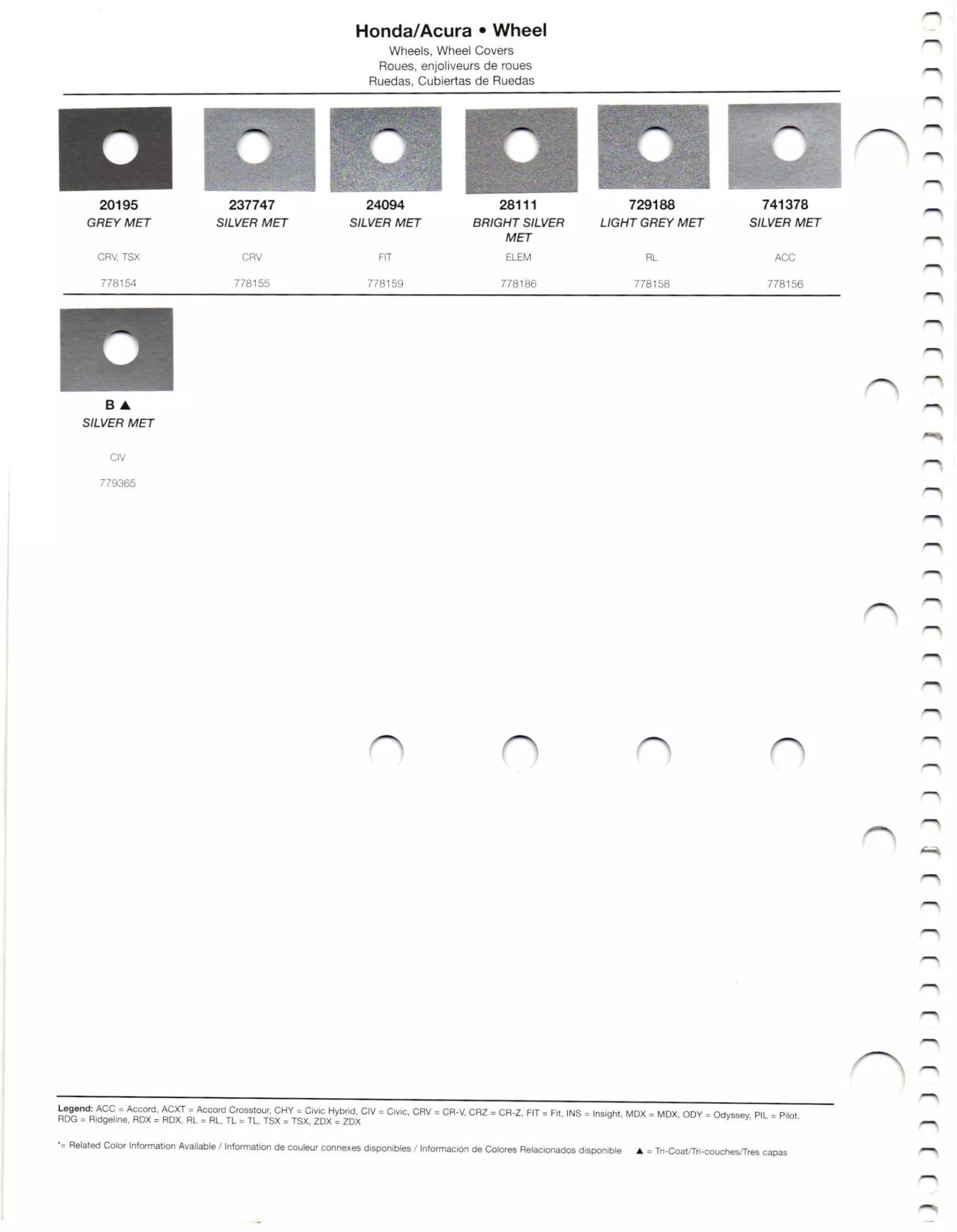 Exterior paint chips and their ordering codes for Honda and Acura Vehicles