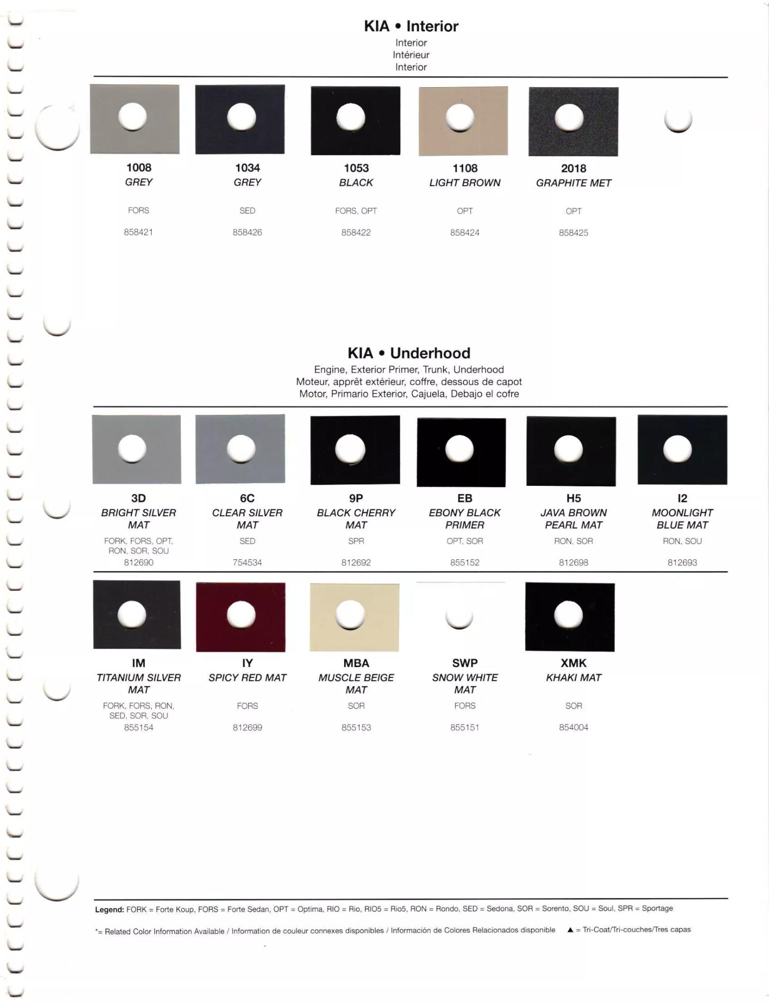 Paint codes, and their ordering stock numbers for their color on 2012 vehicles