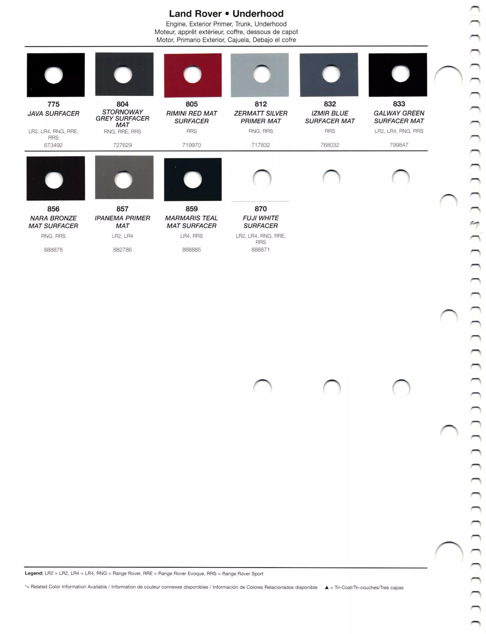 Paint codes, and their ordering stock numbers for their color on 2012 vehicles