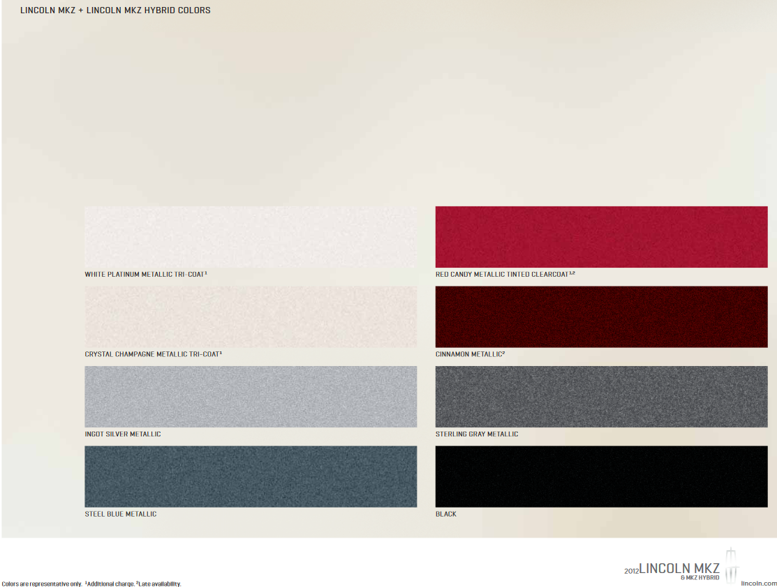 2012 Lincoln MKZ Paint Chart Paint Colors used on the Exterior of Lincoln