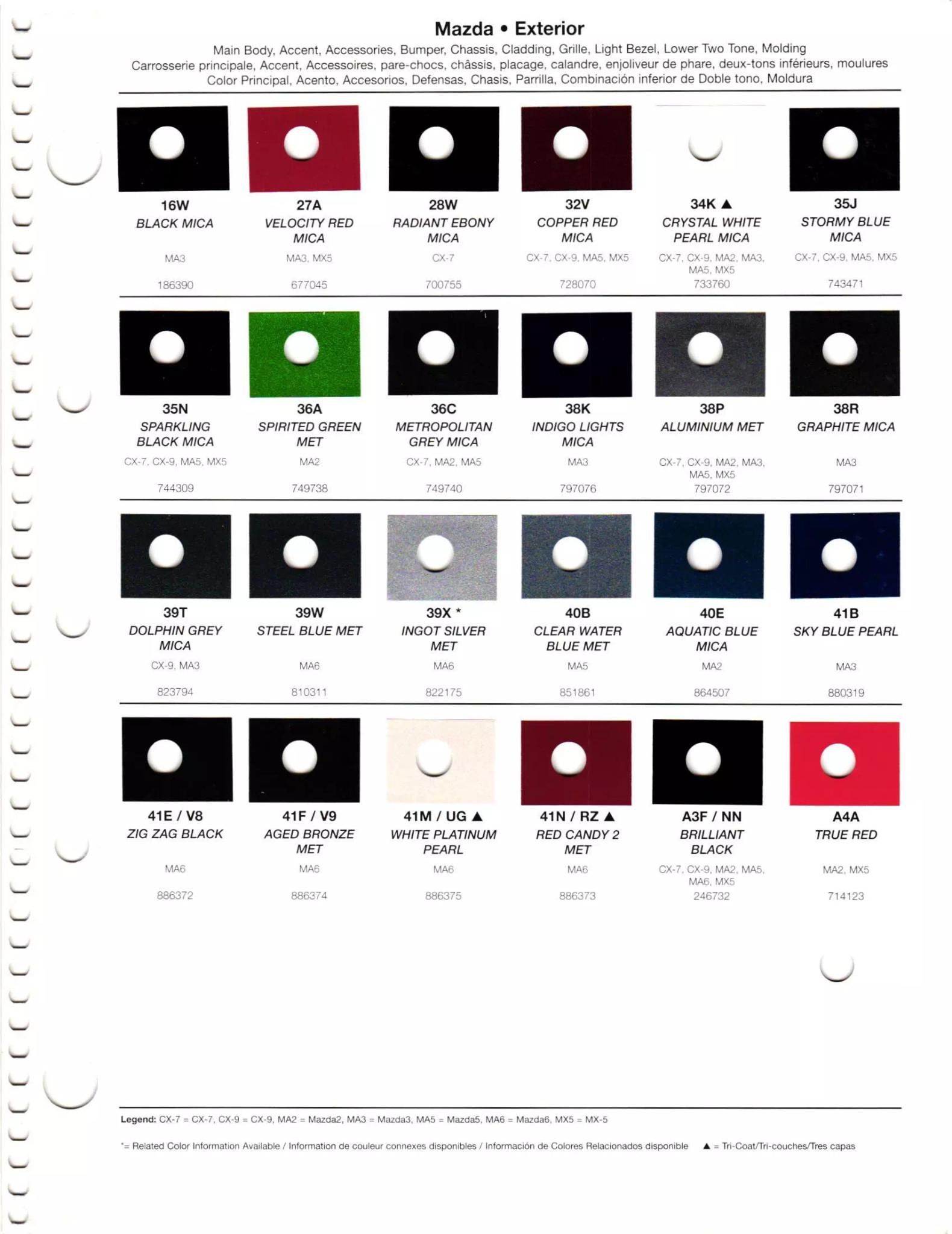 2012 Mazda Paint Codes and Color Chart Page 1 oem paint codes, color swatches, color names, and the vehicles they go to. Also included are the basf mixing stock numbers.