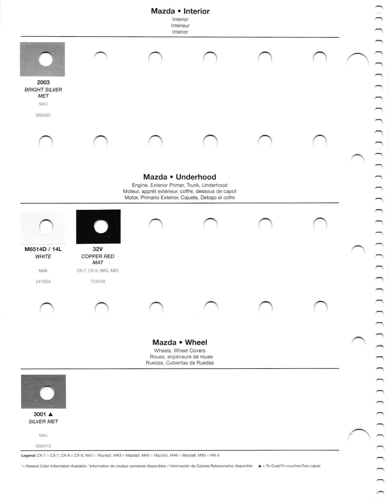 2012 Mazda Paint Codes and Color Chart Page 2 oem paint codes, color swatches, color names, and the vehicles they go to. Also included are the basf mixing stock numbers.