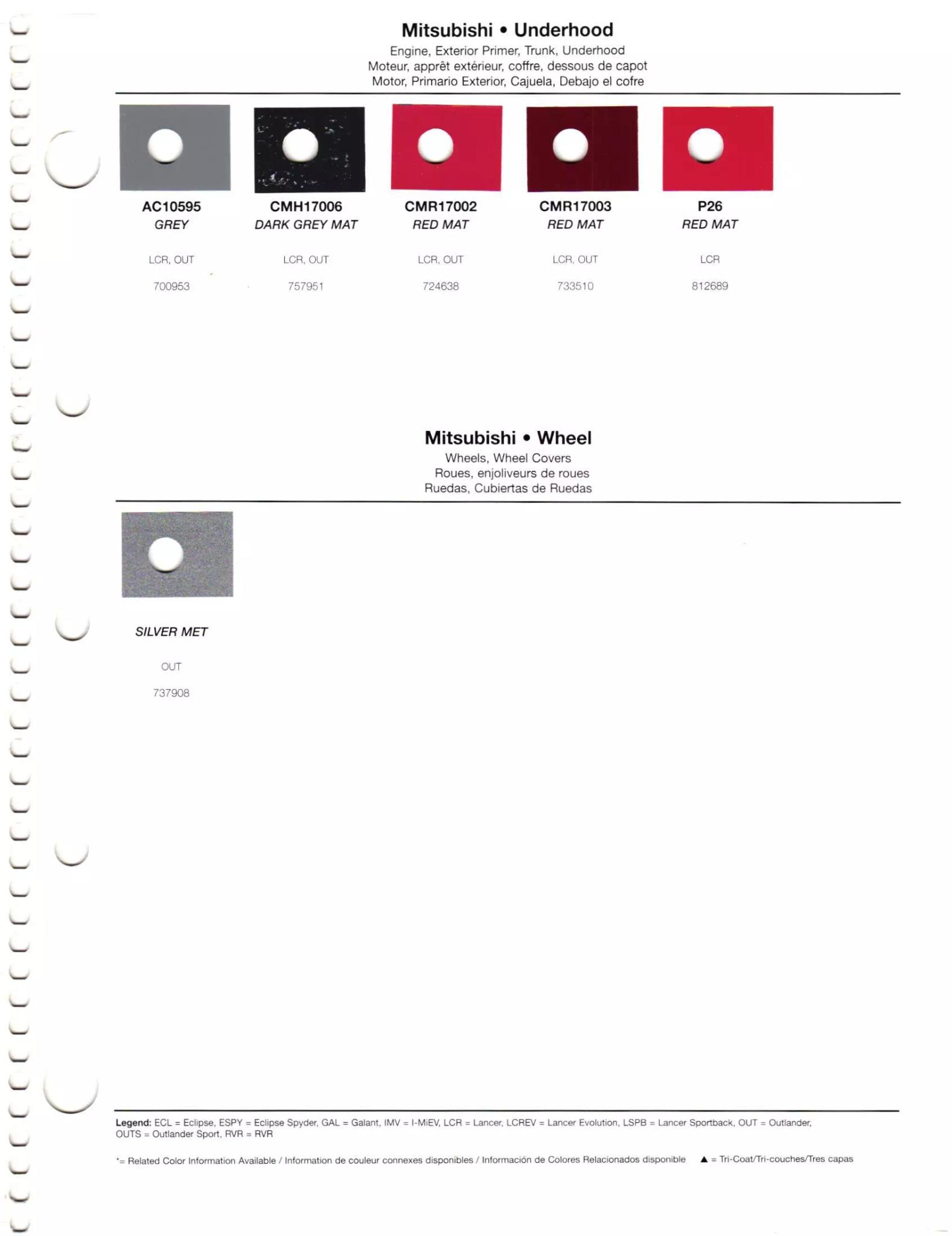 A paint code chart displaying various color swatches and corresponding codes. This chart is used to identify and select specific paint colors for mixing paint and or buying paint for your Mitsubishi vehicle. There are only so many paints used every year. This chart helps you decide what color it is.  