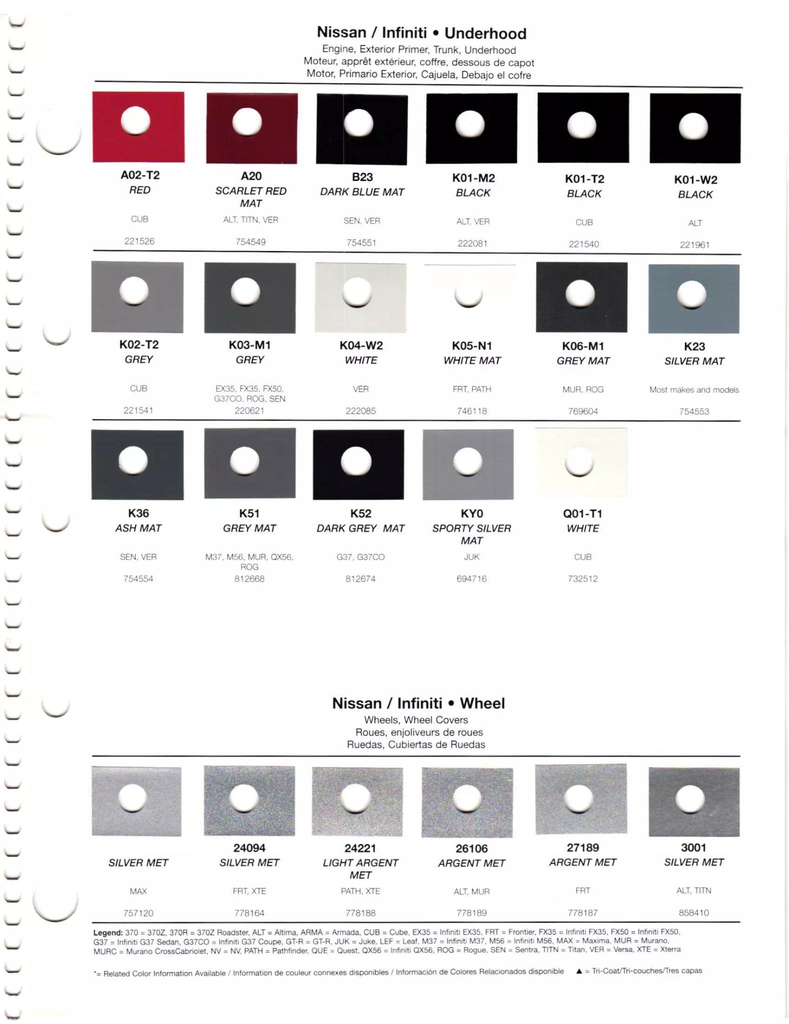 2012 Nissan & Infiniti Paint Codes & Color Chart Exterior paint colors for Nissan and Infiniti vehicles and their ordering codes and stock numbers