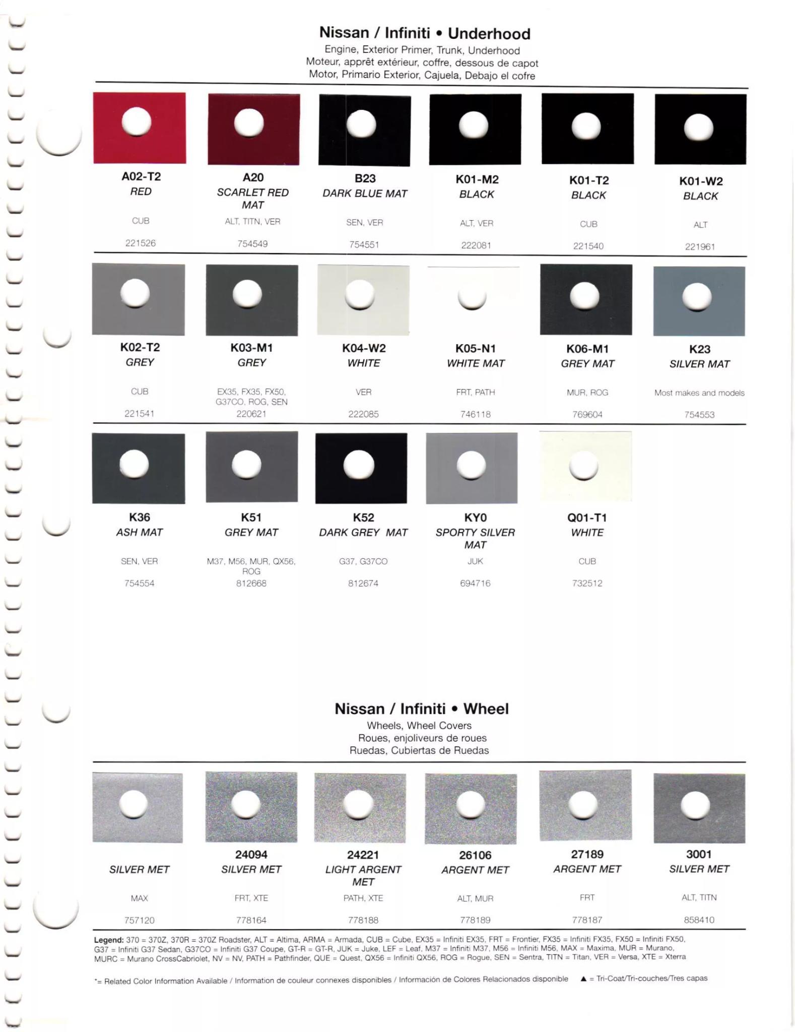 Paint codes, and their ordering stock numbers for their color on 2012 vehicles