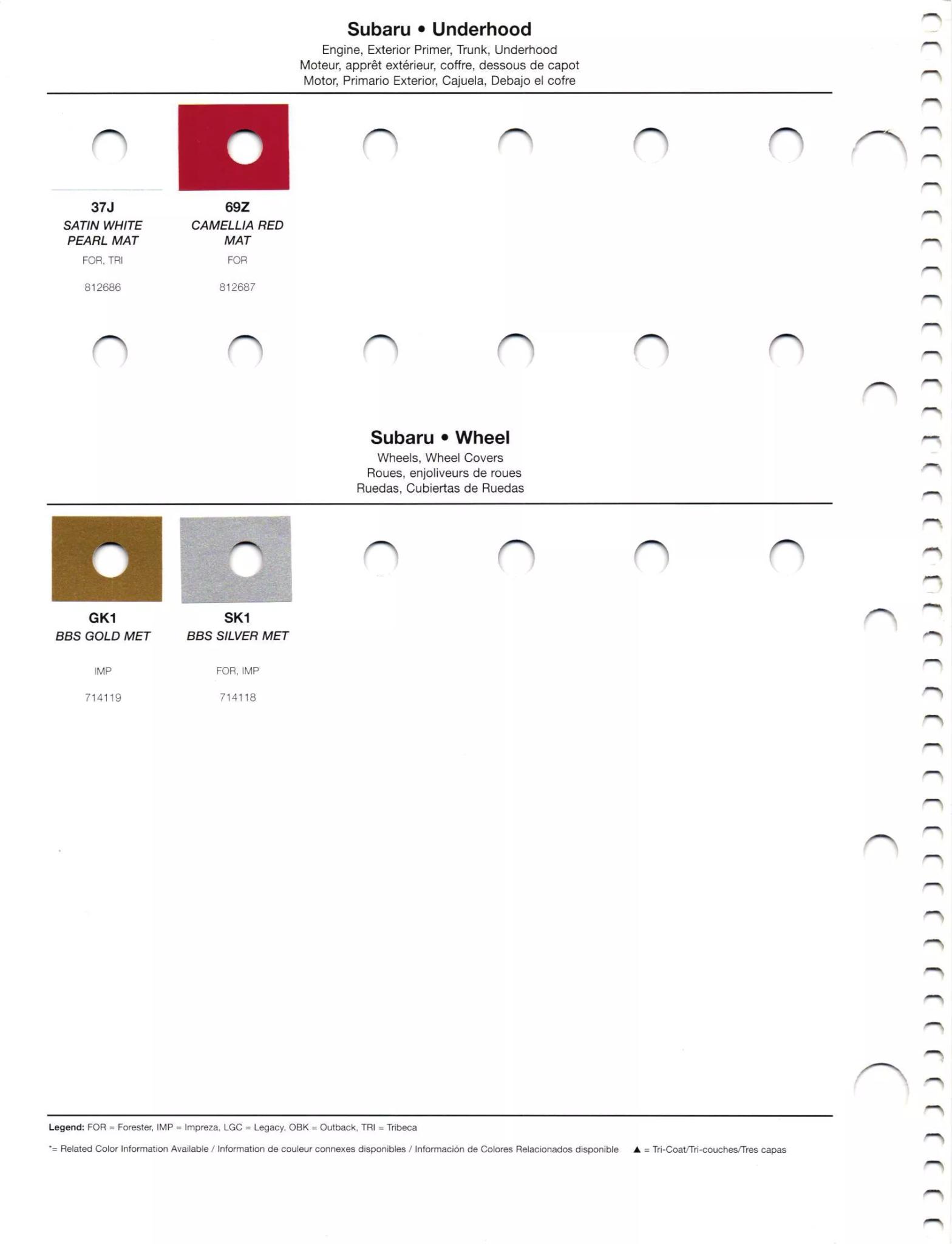 Paint codes, and their ordering stock numbers for their color on 2012 vehicles