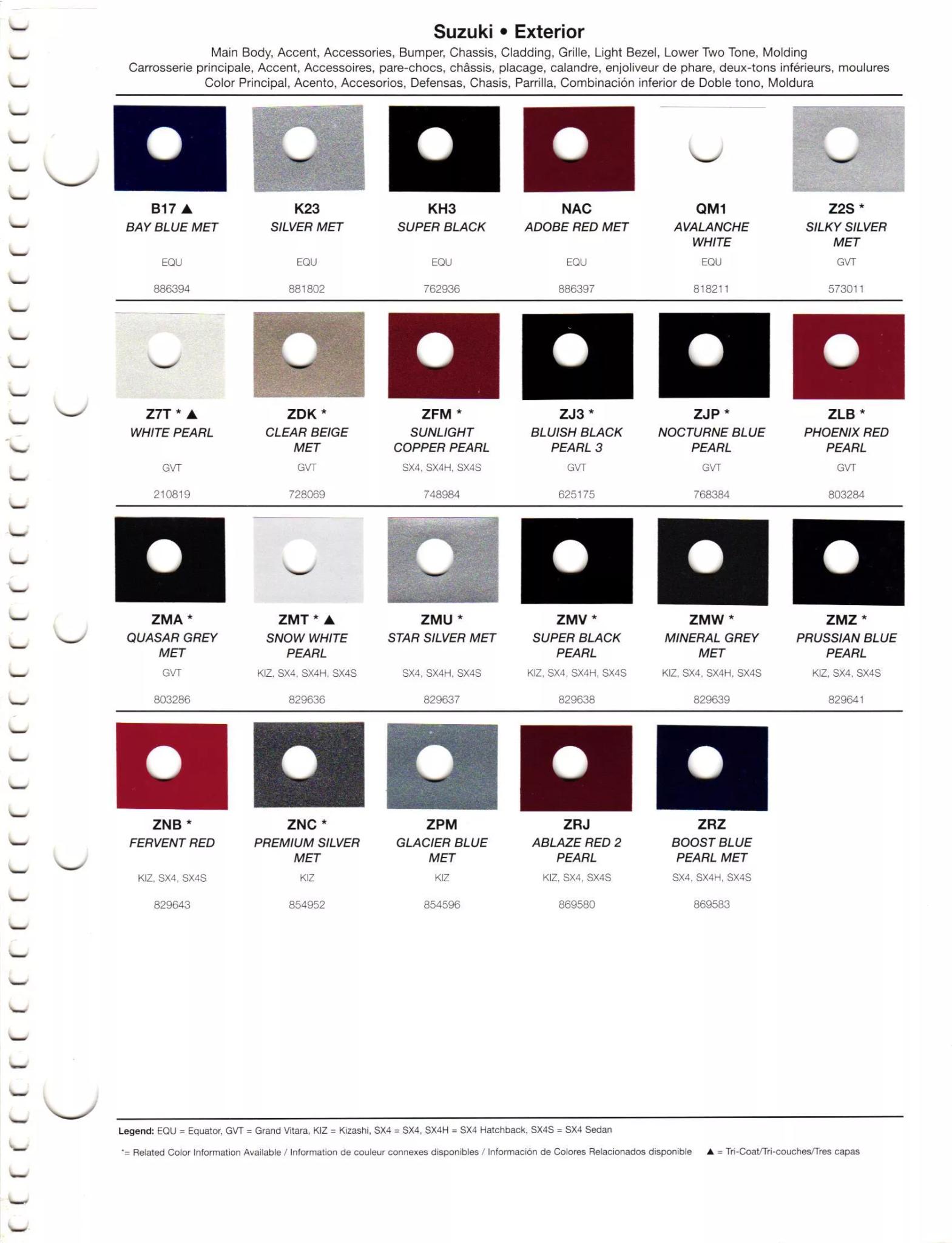 Paint codes, and their ordering stock numbers for their color on 2012 vehicles