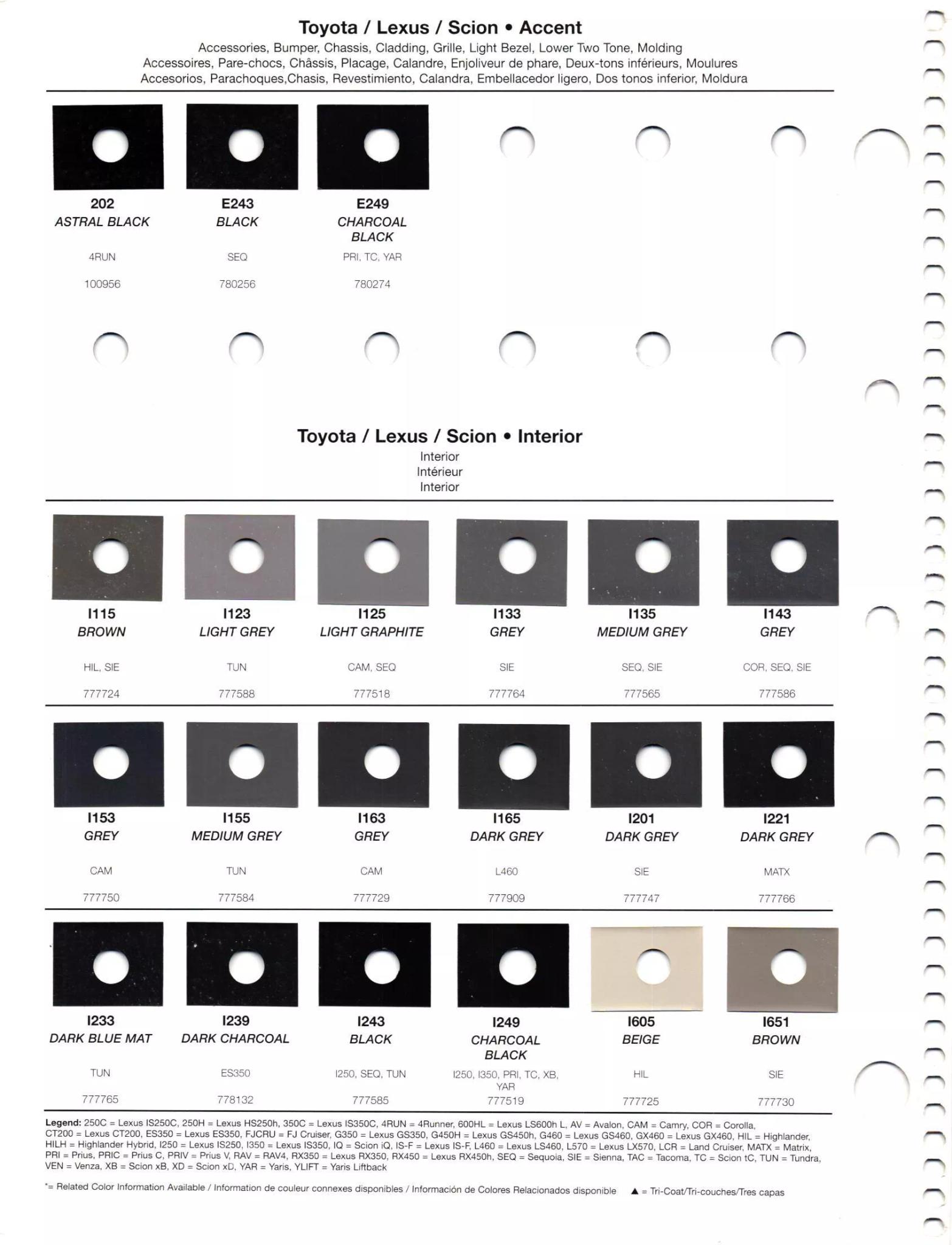 Paint codes, and their ordering stock numbers for their color on 2012 vehicles