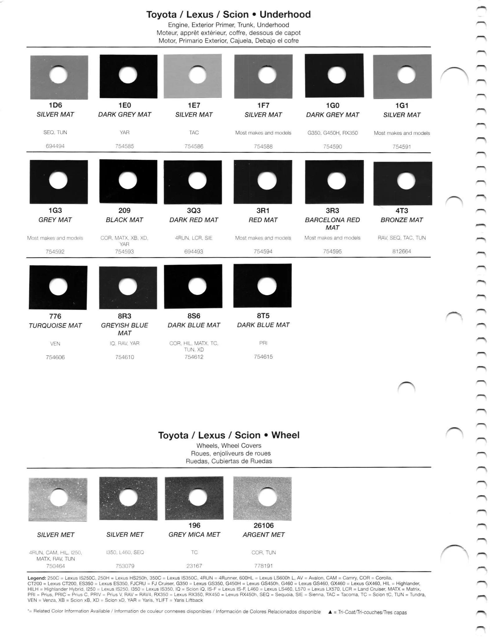 Paint codes, and their ordering stock numbers for their color on 2012 vehicles