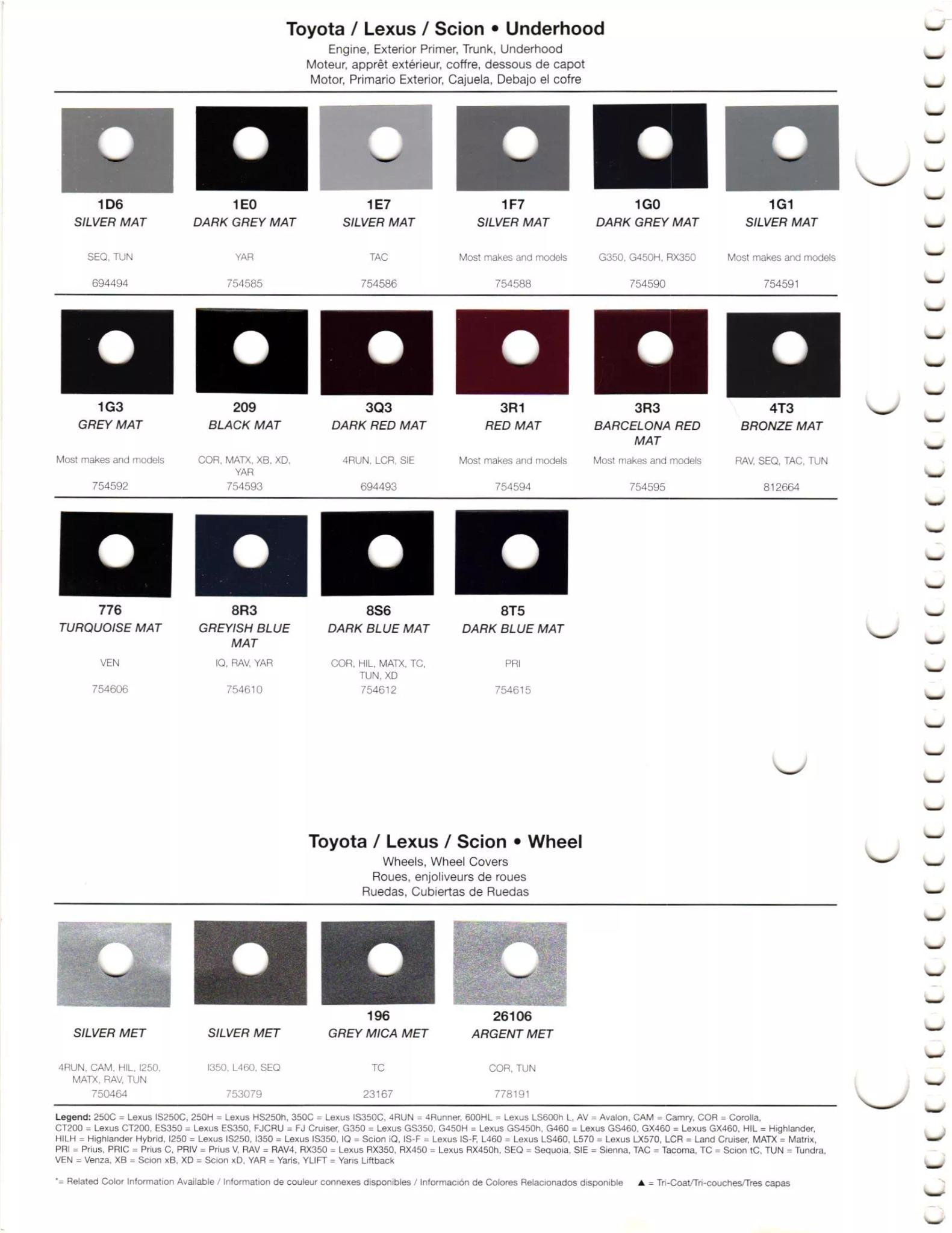 2012 Toyota, Lexus & Scion Paint Colors Paint codes, and their ordering stock numbers for their color on 2012 vehicles