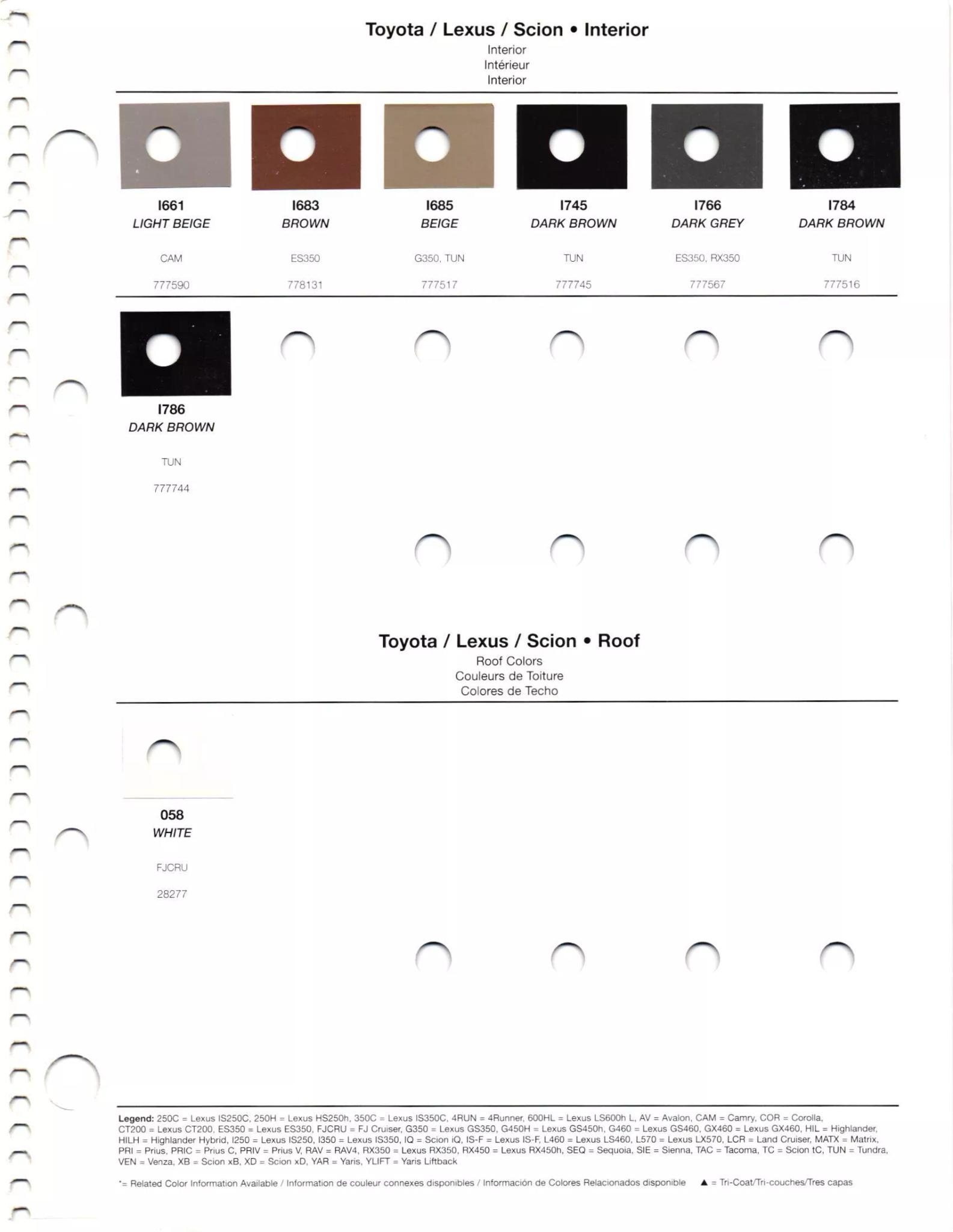 2012 Toyota, Lexus & Scion Paint Colors Paint codes, and their ordering stock numbers for their color on 2012 vehicles