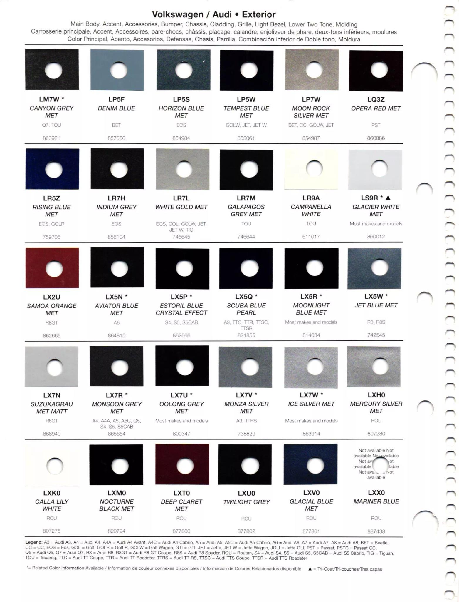 2012 Volkswagen & Audi Paint Colors Paint codes, and their ordering stock numbers for their color on 2012 vehicles