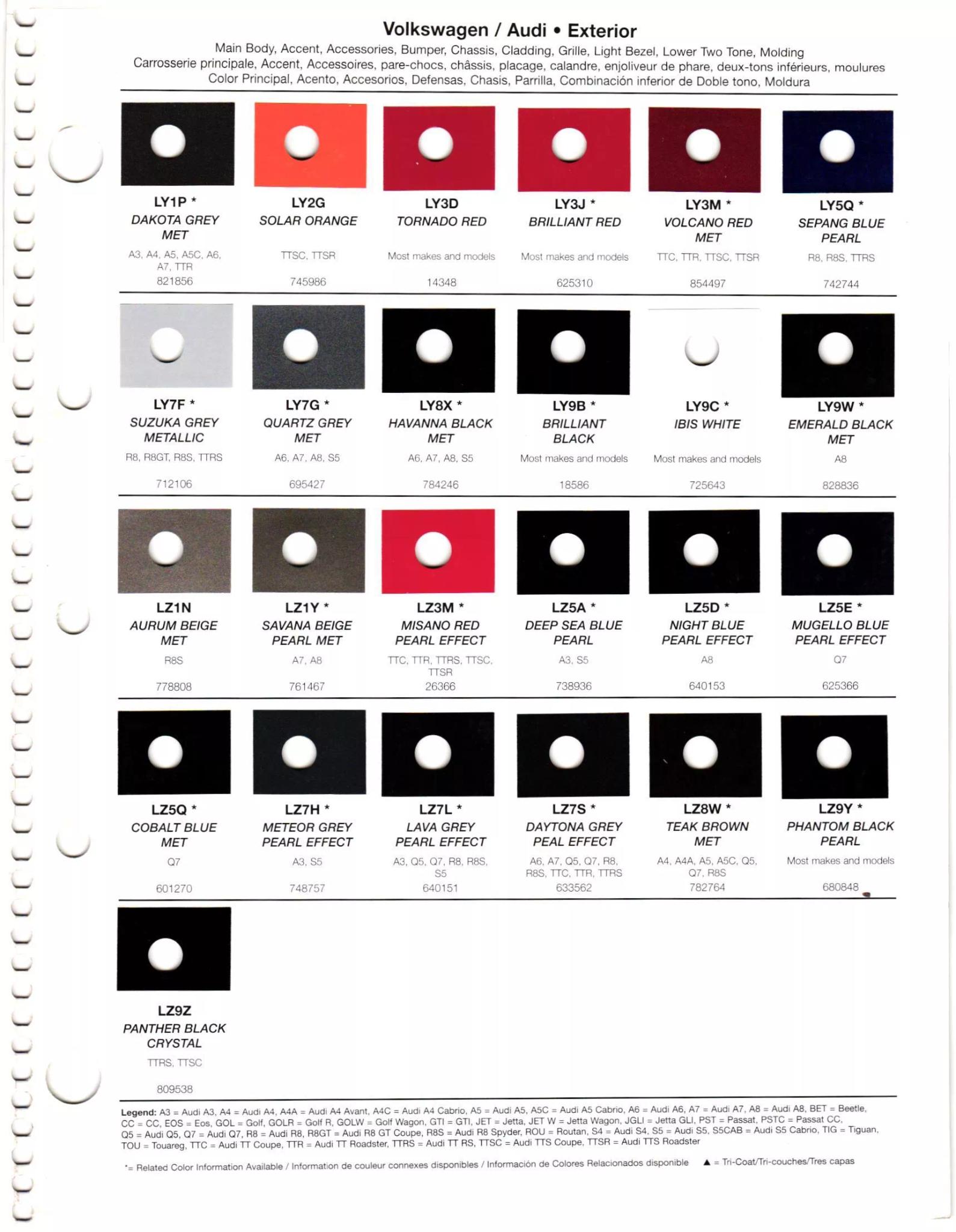 Paint codes, and their ordering stock numbers for their color on 2012 vehicles