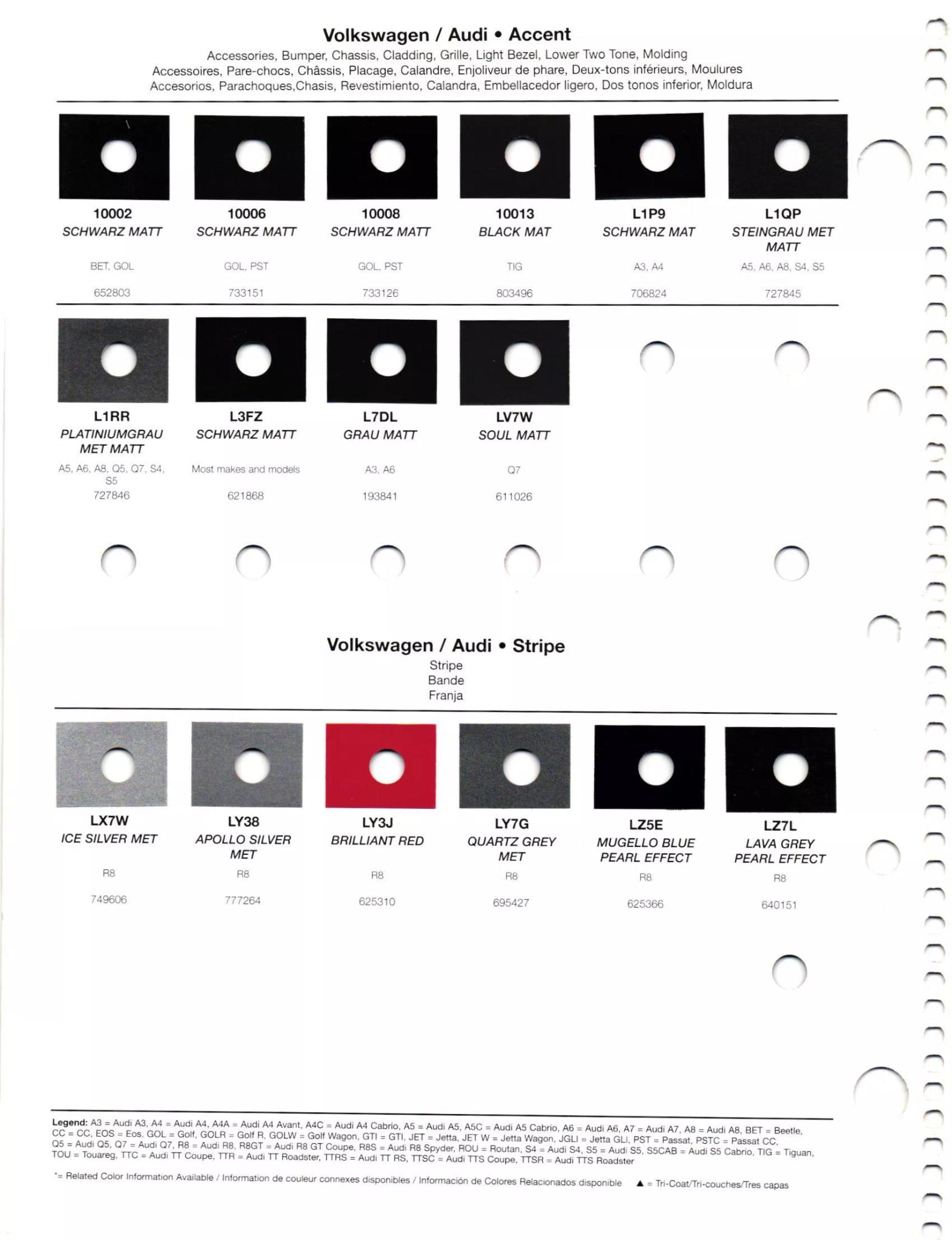 2012 Volkswagen & Audi Paint Colors Paint codes, and their ordering stock numbers for their color on 2012 vehicles