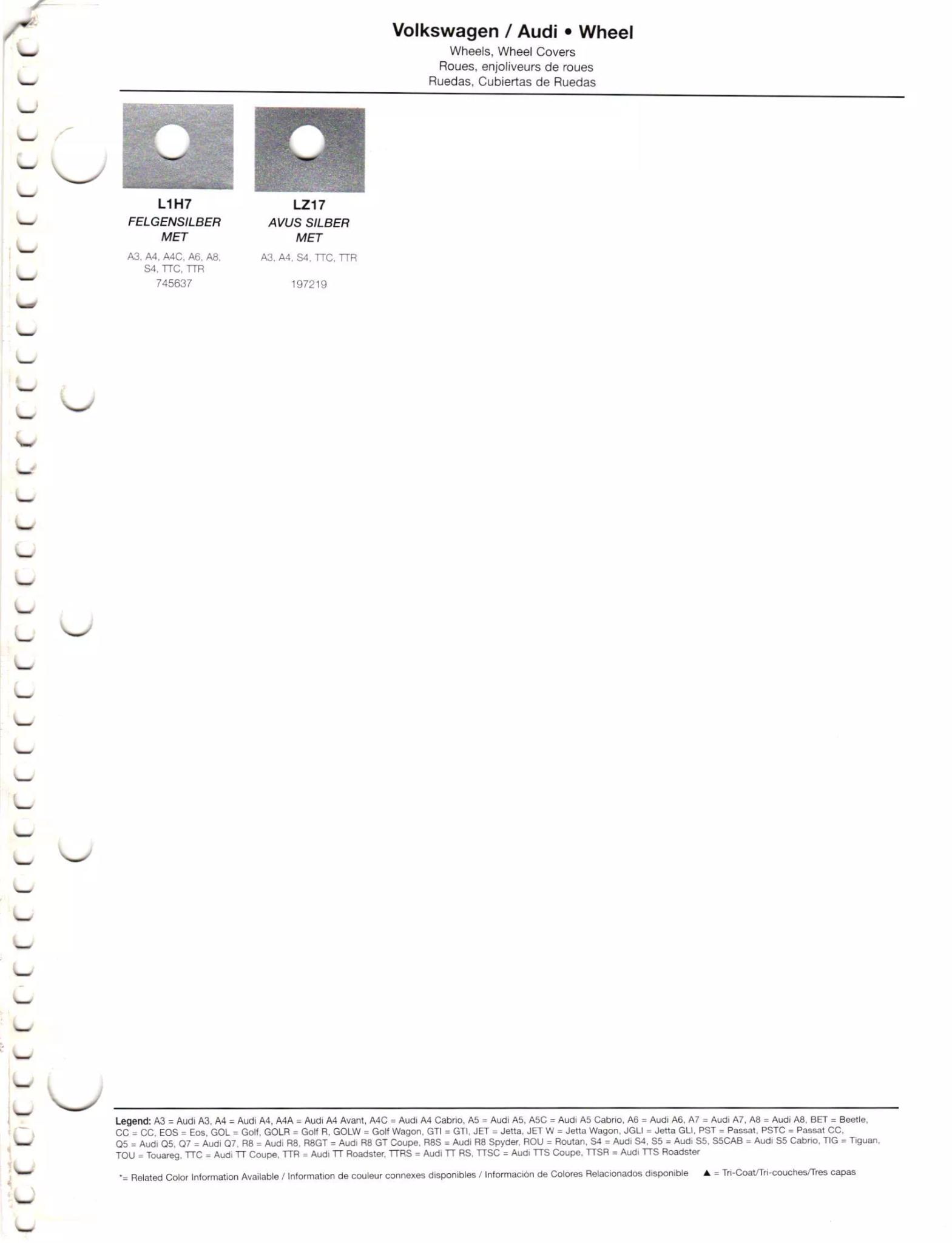 Paint codes, and their ordering stock numbers for their color on 2012 vehicles