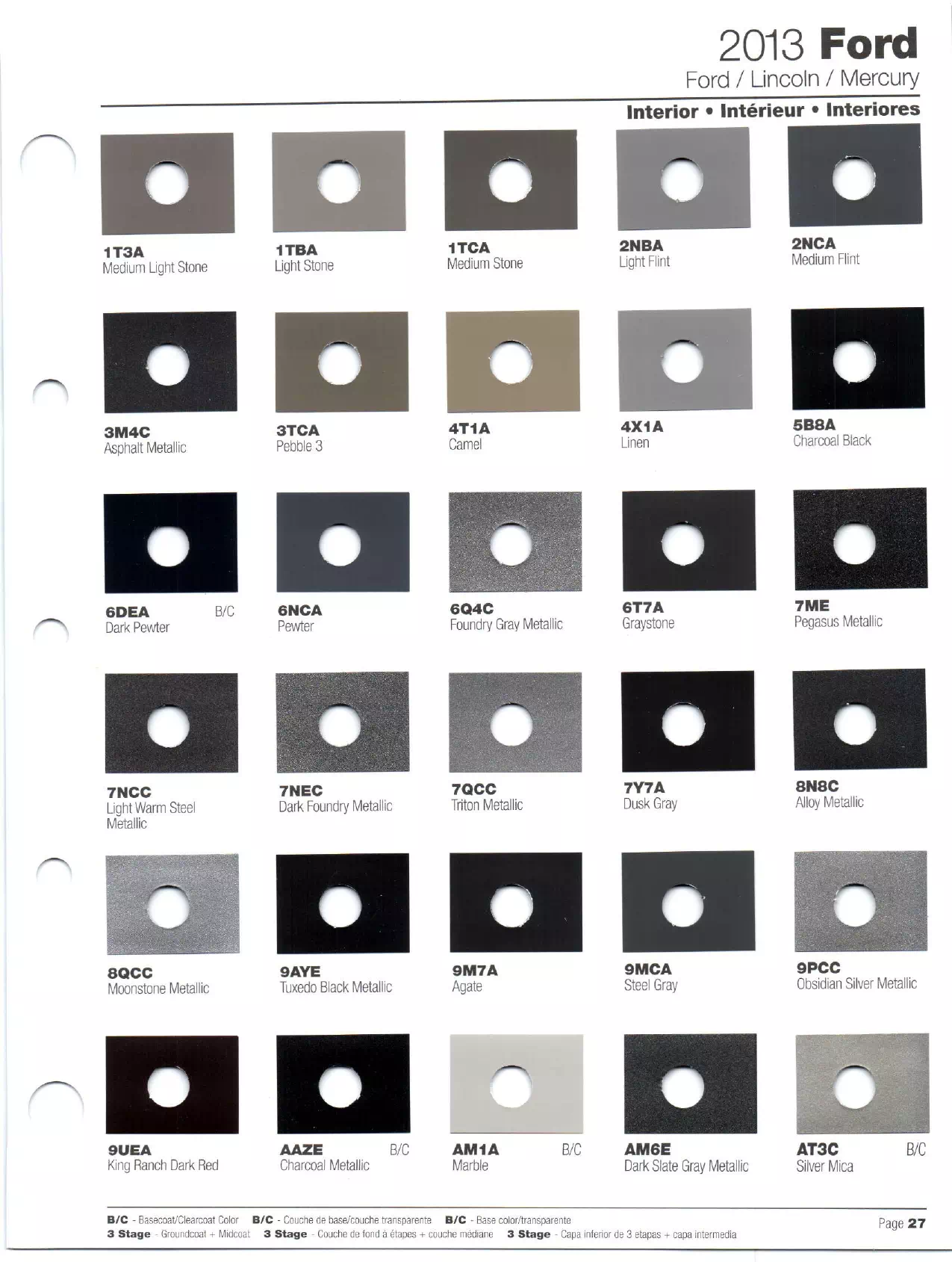 Paint codes, and their ordering stock numbers for their color on 2013 vehicles