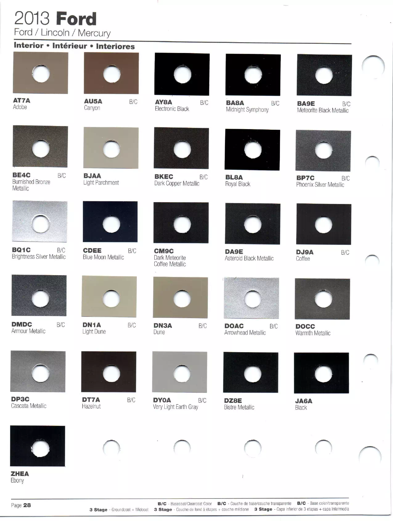 Paint codes, and their ordering stock numbers for their color on 2013 vehicles