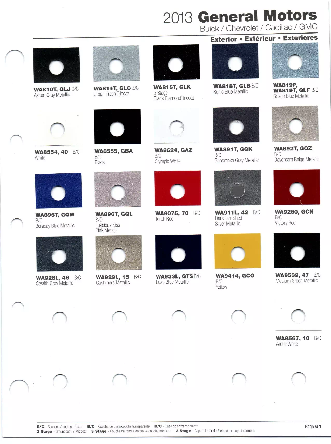 Paint codes, and their ordering stock numbers for their color on 2013 vehicles