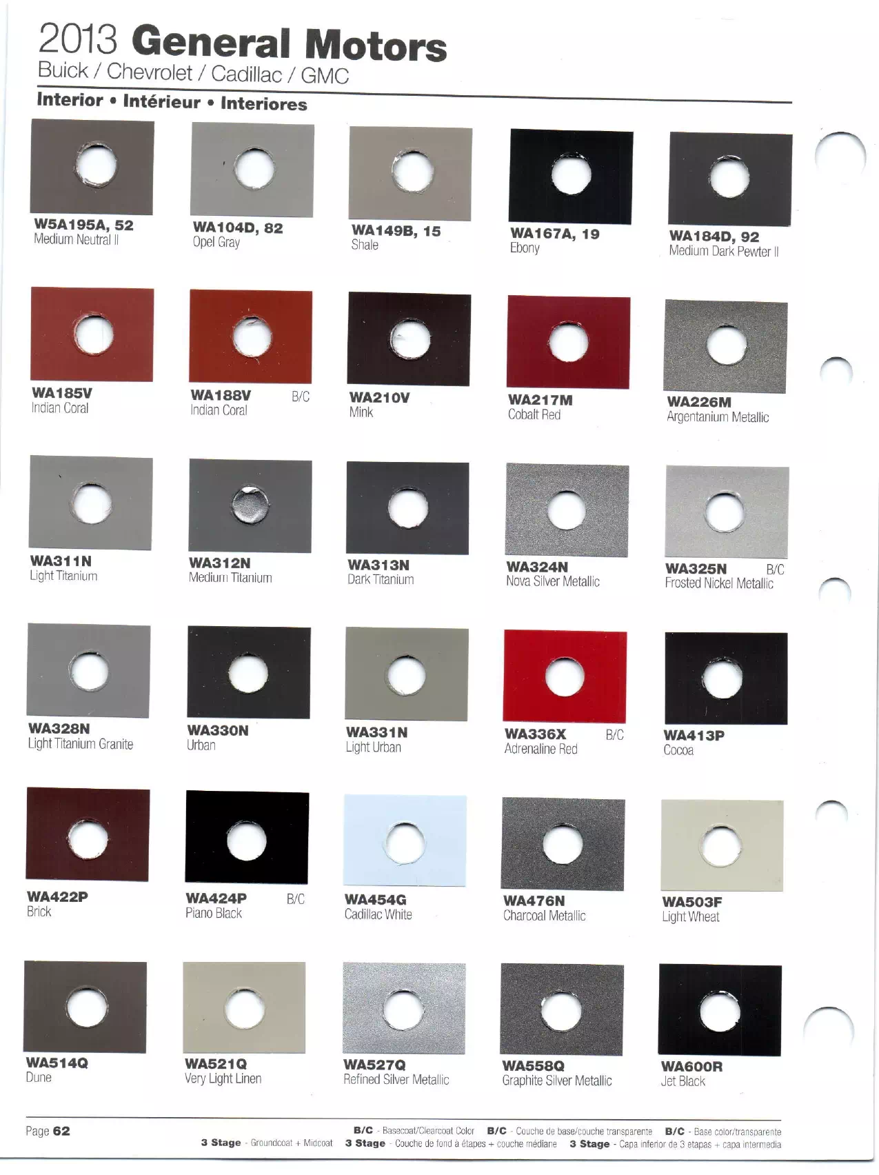 Paint codes, and their ordering stock numbers for their color on 2013 vehicles