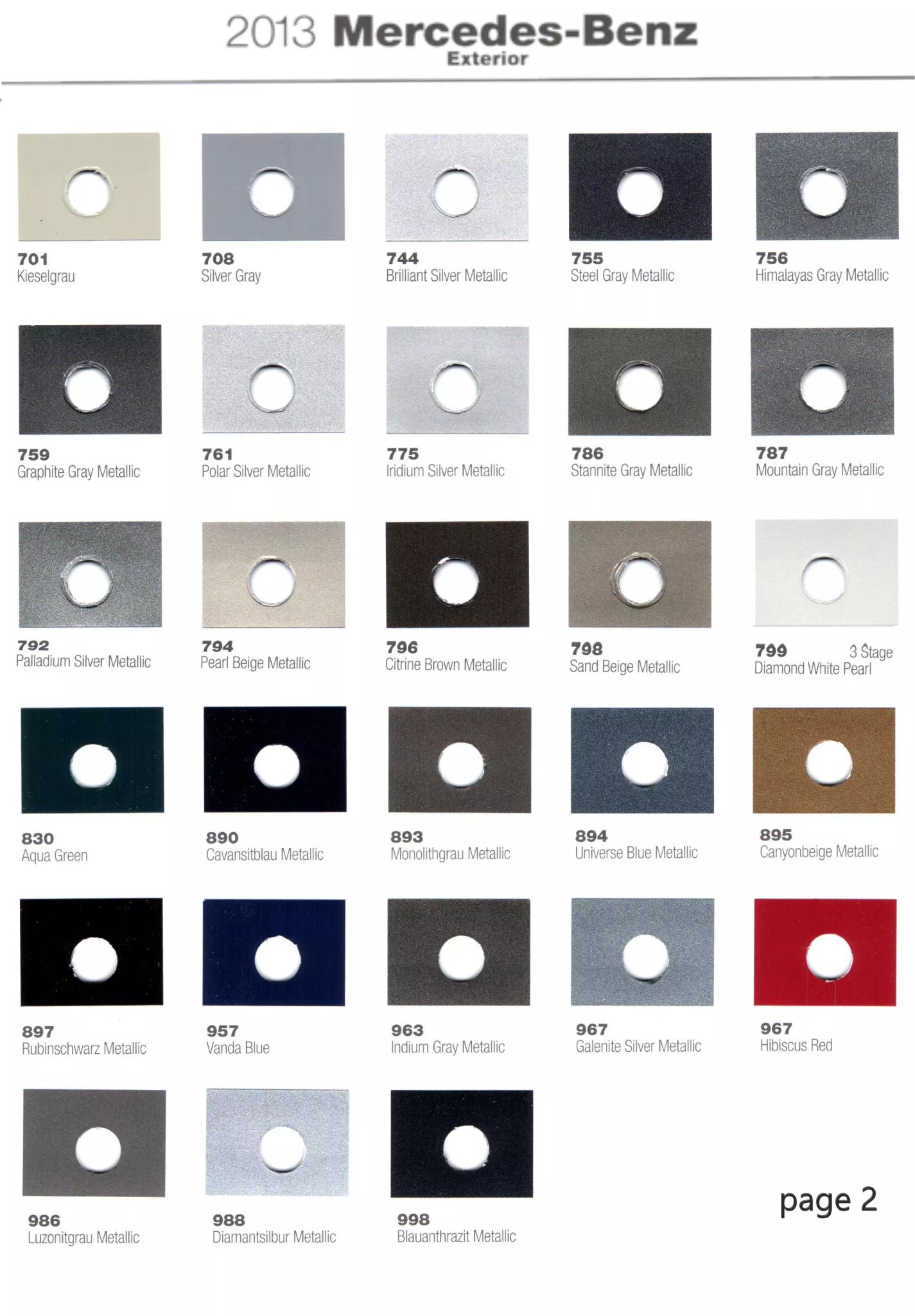 2013 Mercedes-Benz Paint Codes and Color Chart Page 2 Exterior Paint swatches, color names and Color codes used on Mercedes-benz in 2013