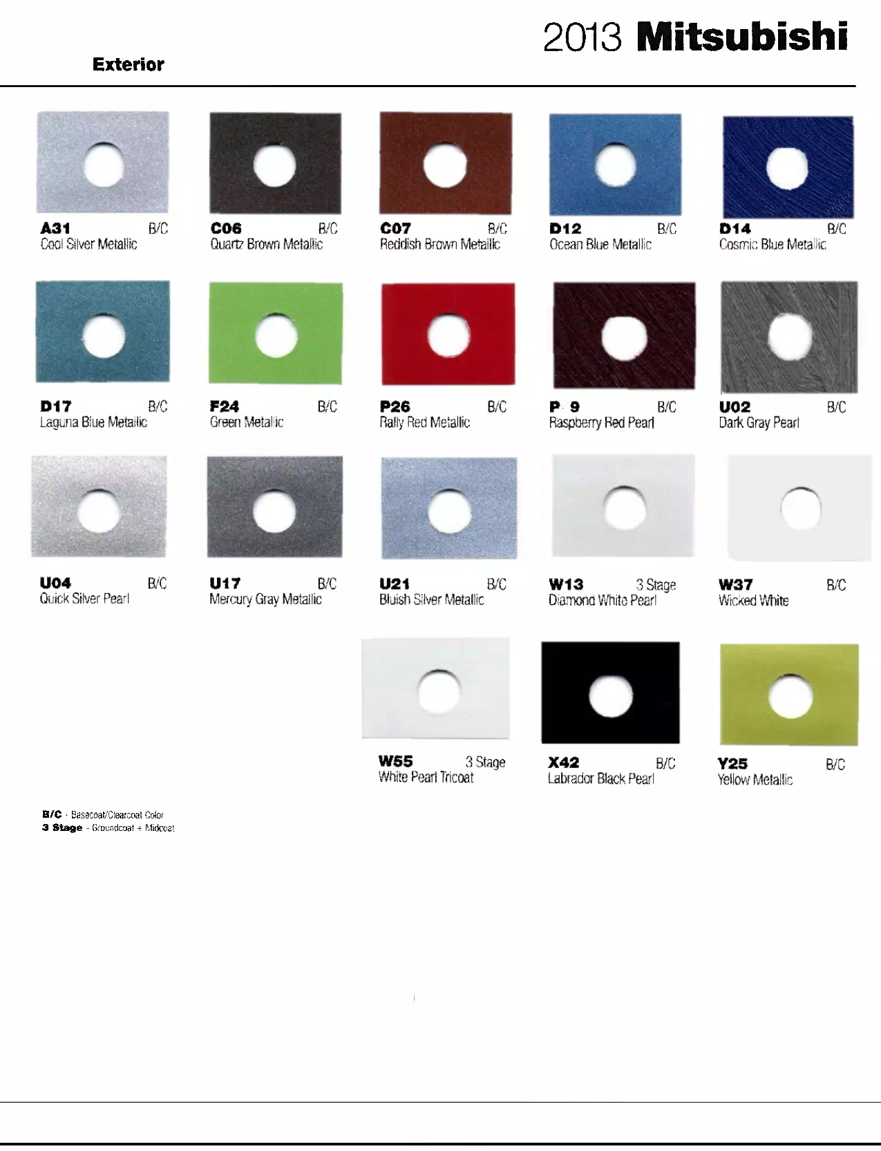 A paint code chart displaying various color swatches and corresponding codes. This chart is used to identify and select specific paint colors for mixing paint and or buying paint for your Mitsubishi vehicle. There are only so many paints used every year. This chart helps you decide what color it is.  