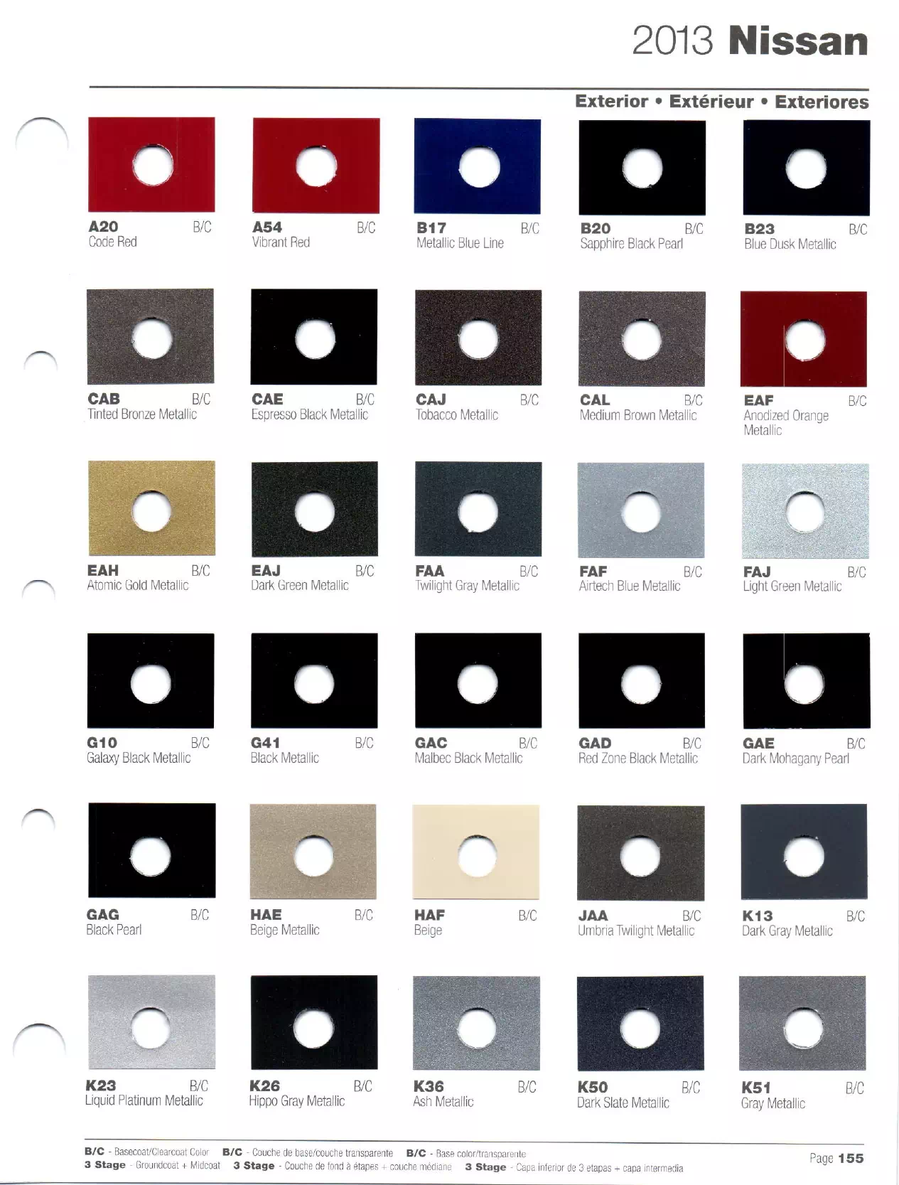 Exterior paint colors for Nissan and Infiniti vehicles and their ordering codes and stock numbers