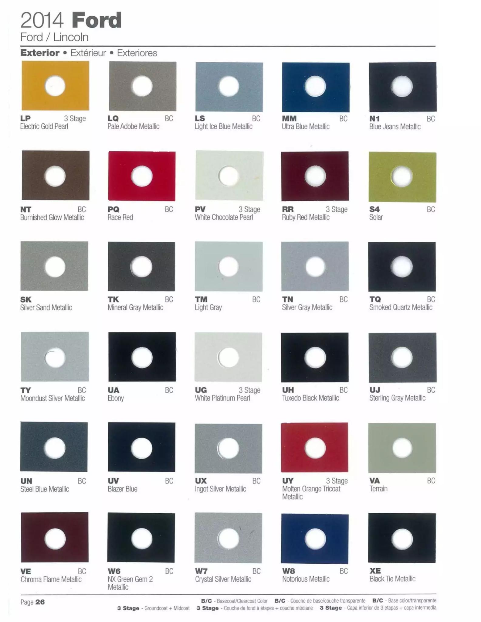 Paint codes, and their ordering stock numbers for their color on 2014 vehicles