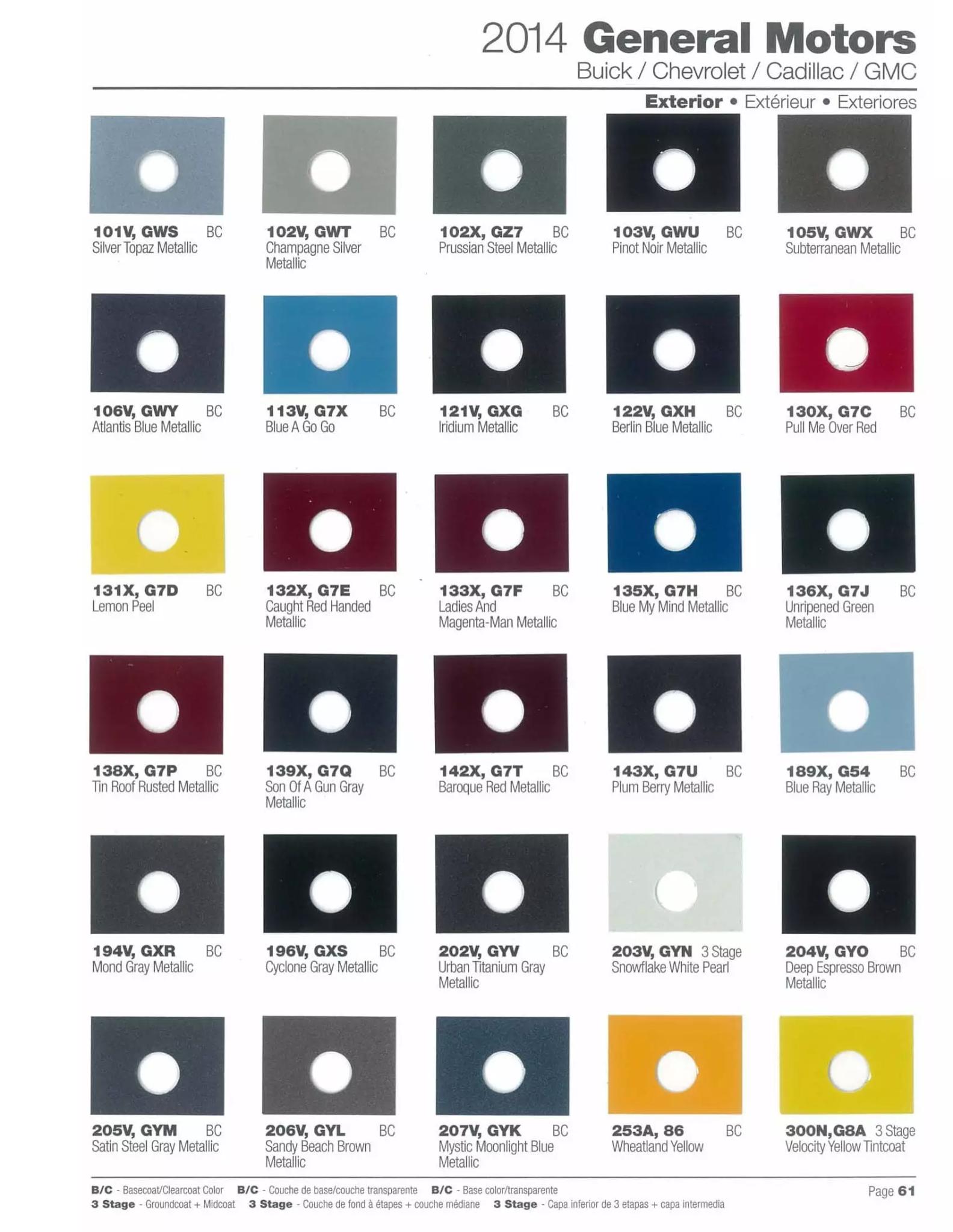2014 General Motors: Buick, Cadillac, Chevrolet & Gmc Paint Codes & Color Chart Paint codes, and their ordering stock numbers for their color on 2014 vehicles