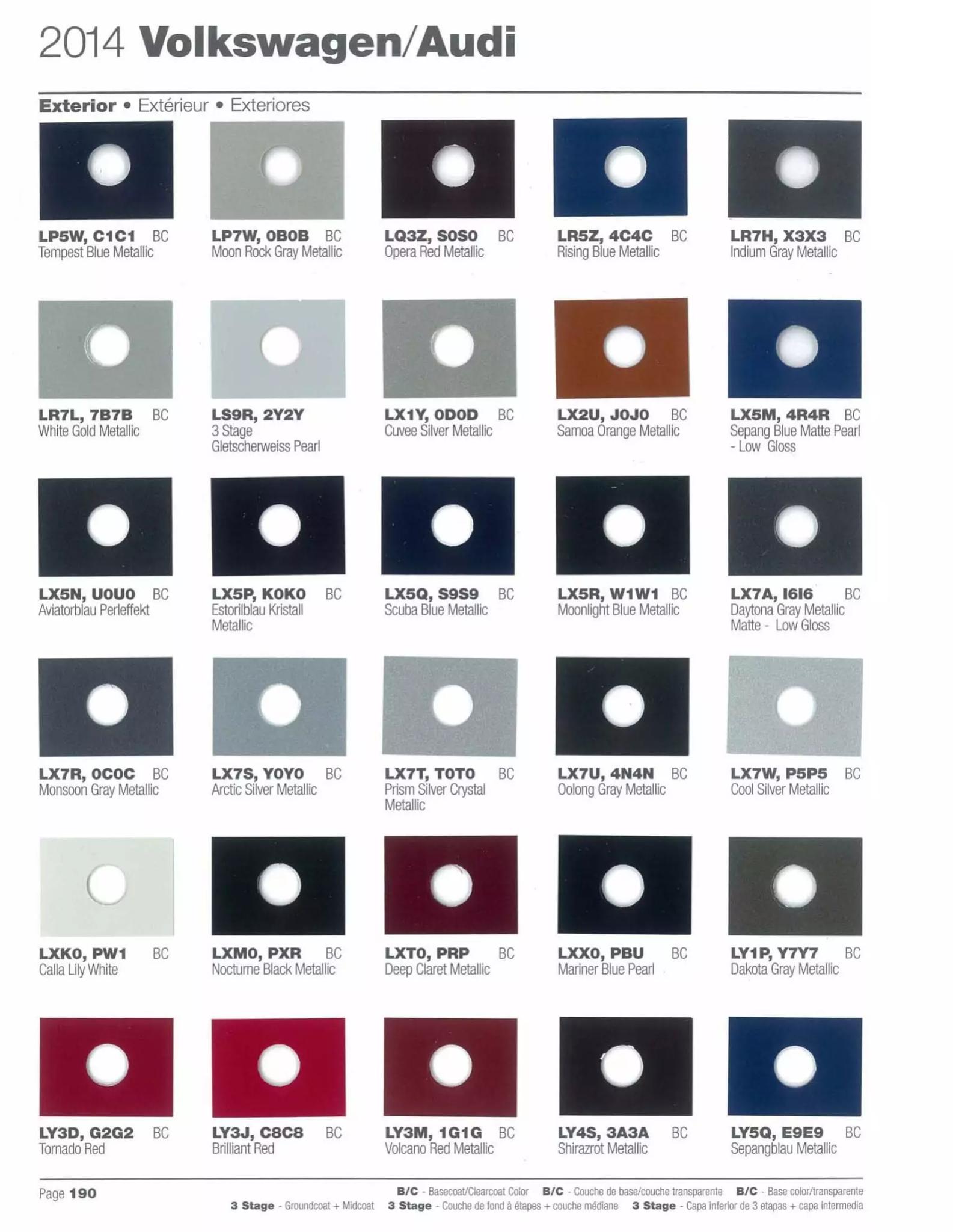 Paint codes, and their ordering stock numbers for their color on 2014 vehicles