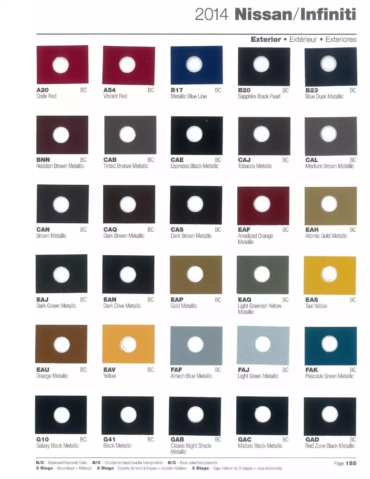 Exterior paint colors for Nissan and Infiniti vehicles and their ordering codes and stock numbers