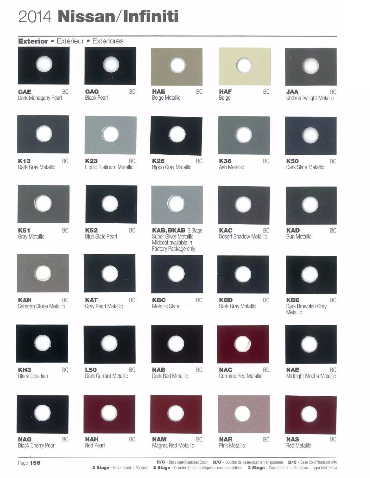 Exterior paint colors for Nissan and Infiniti vehicles and their ordering codes and stock numbers