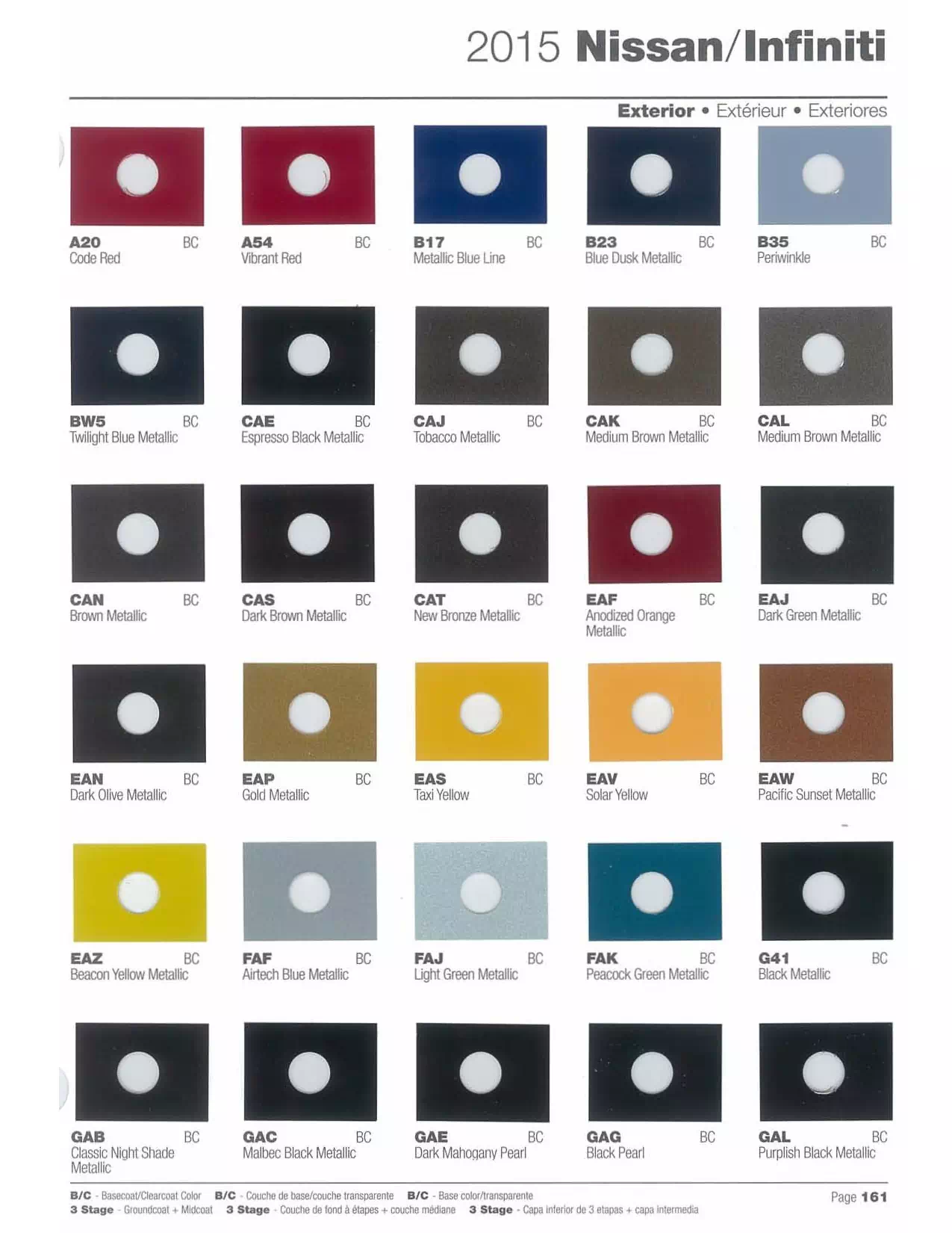 Exterior paint colors for Nissan and Infiniti vehicles and their ordering codes and stock numbers