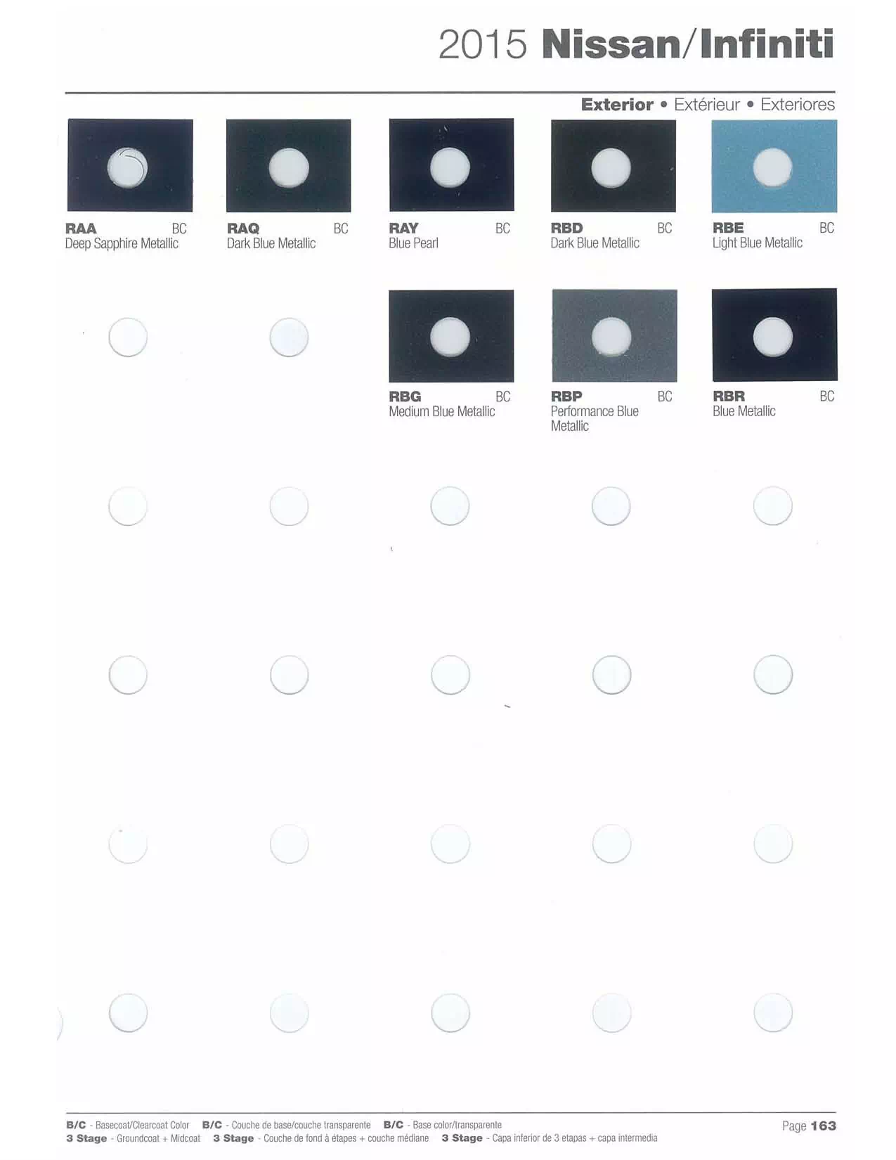 Exterior paint colors for Nissan and Infiniti vehicles and their ordering codes and stock numbers