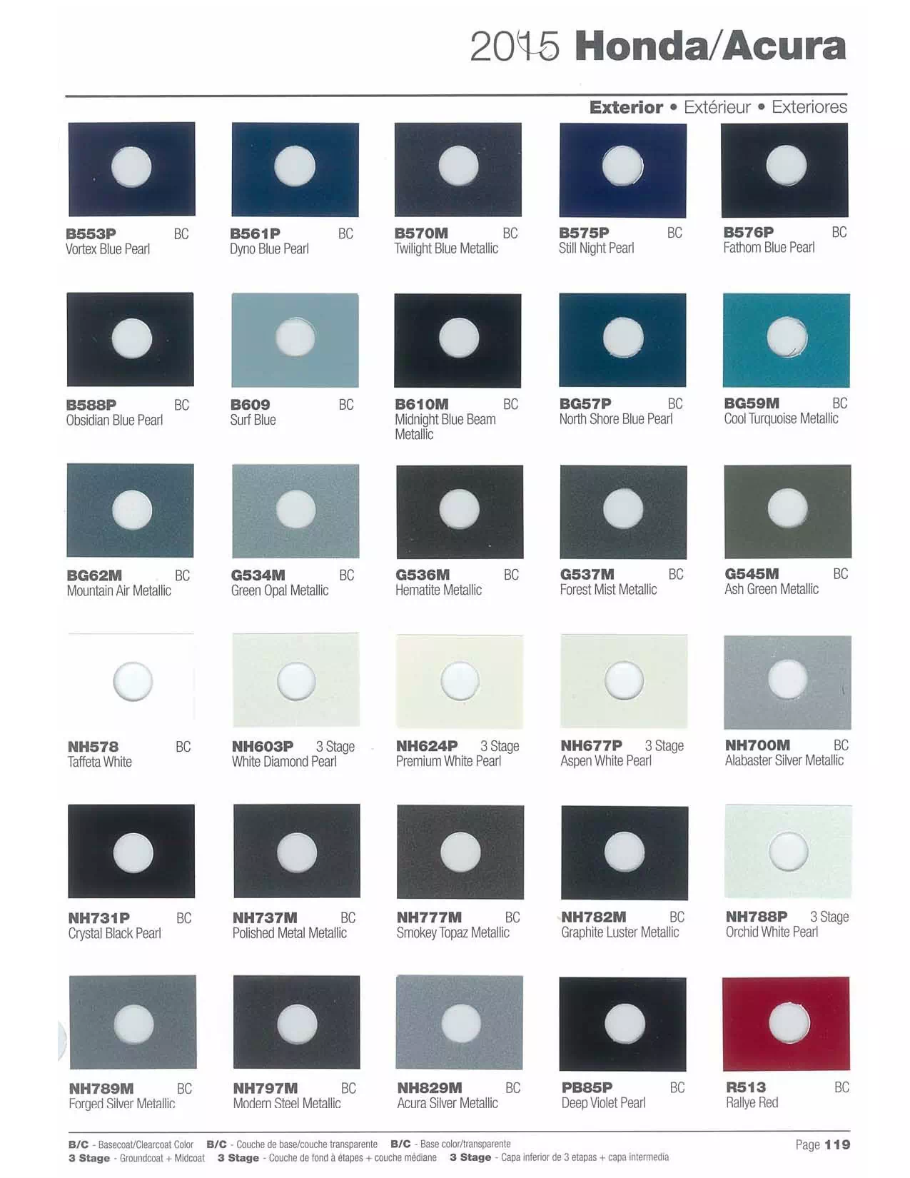 Exterior paint chips and their ordering codes for Honda and Acura Vehicles