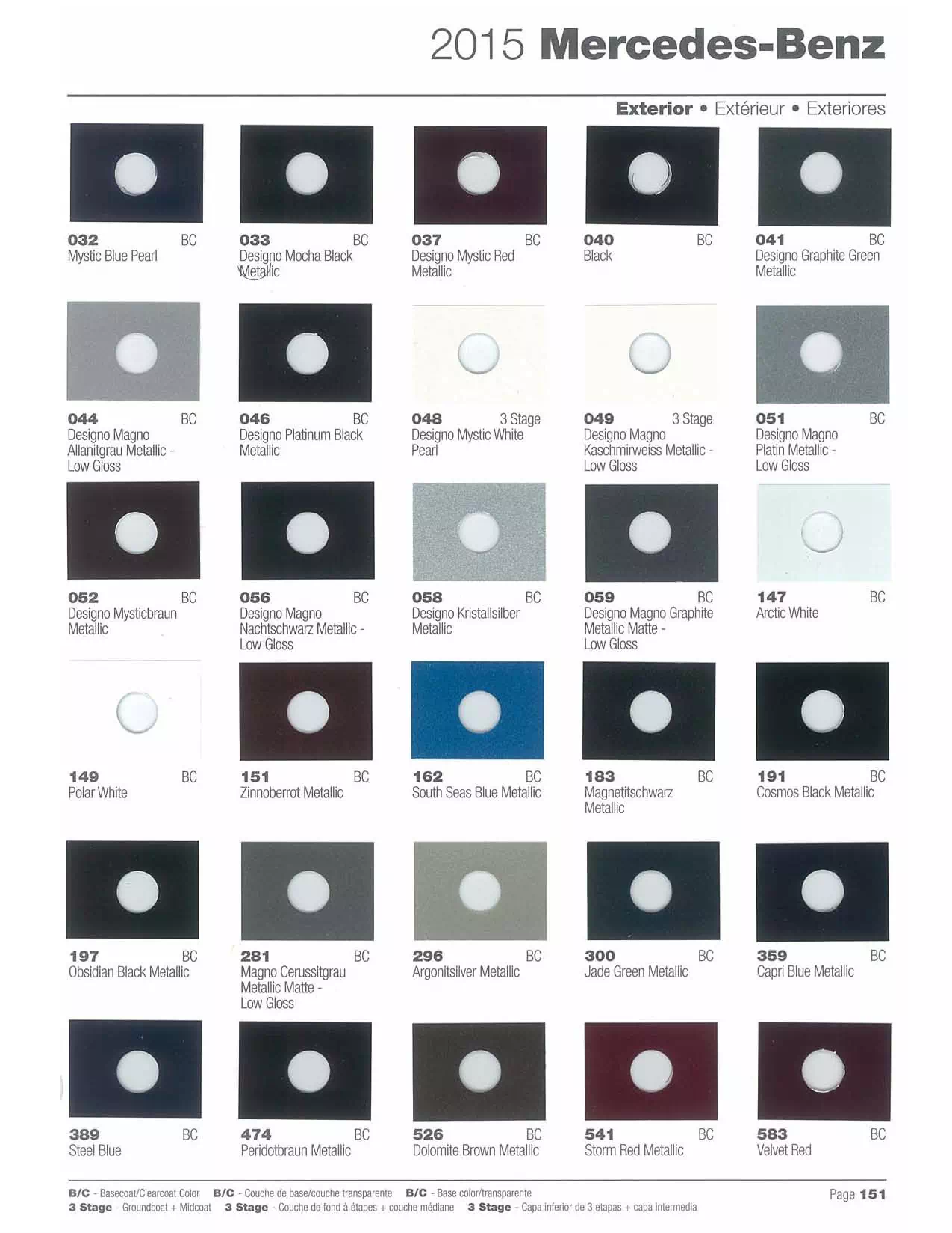 Color swatches that represent colors used on Mercedes Benz automobiles.  Color codes, Paint swatches, Ordering Stock numbers  and Color Names for Mercedes Benz automobiles.