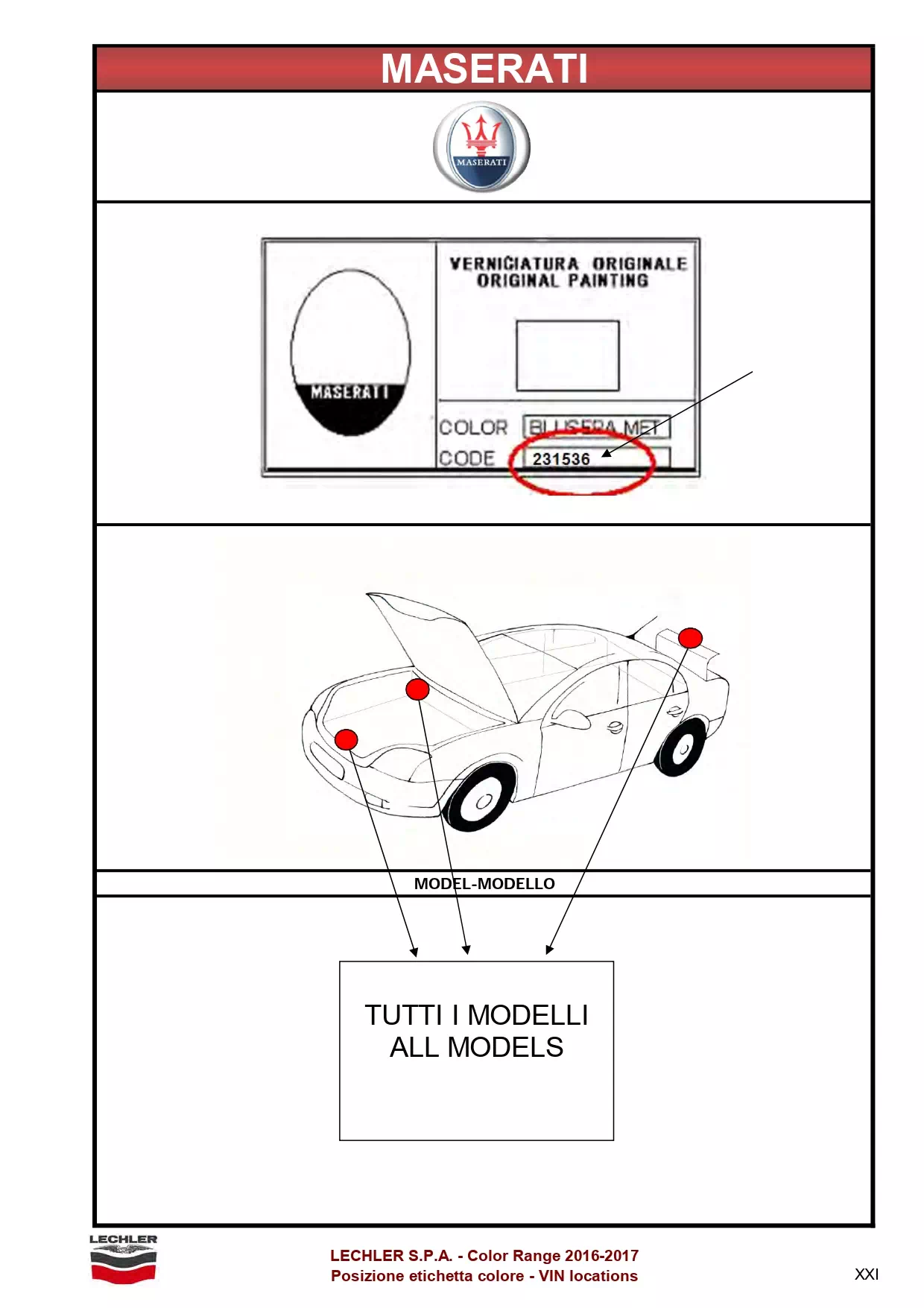 Maserati Paint Codes are located under the hood and in the trunk Picture showing how to look up a paint code on the vehicle or how to find the paint code sticker