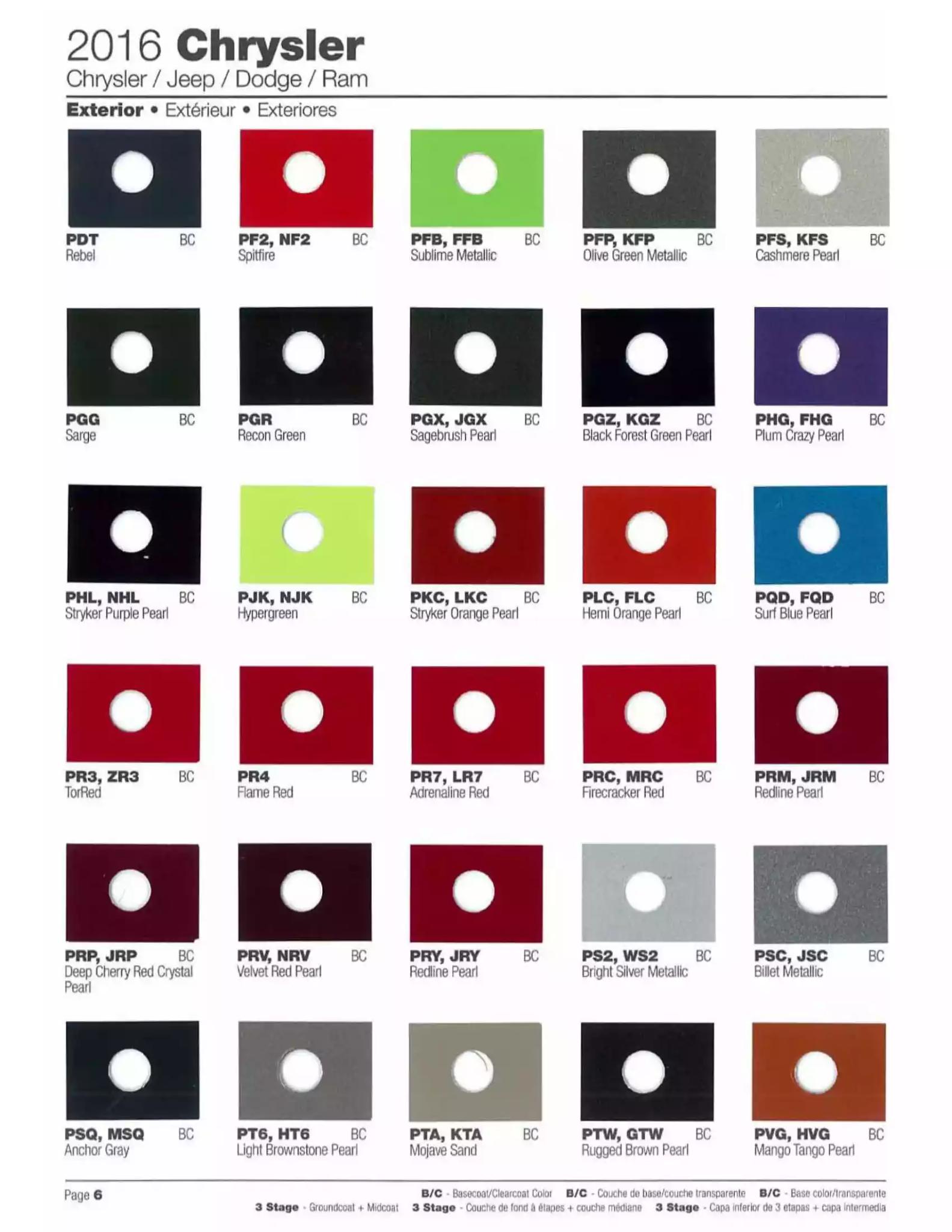 2016 Chrysler, Dodge, Jeep, Ram Paint Codes & Color Chart Paint color examples, their ordering codes, the oem color code, and vehicles the color was used on
