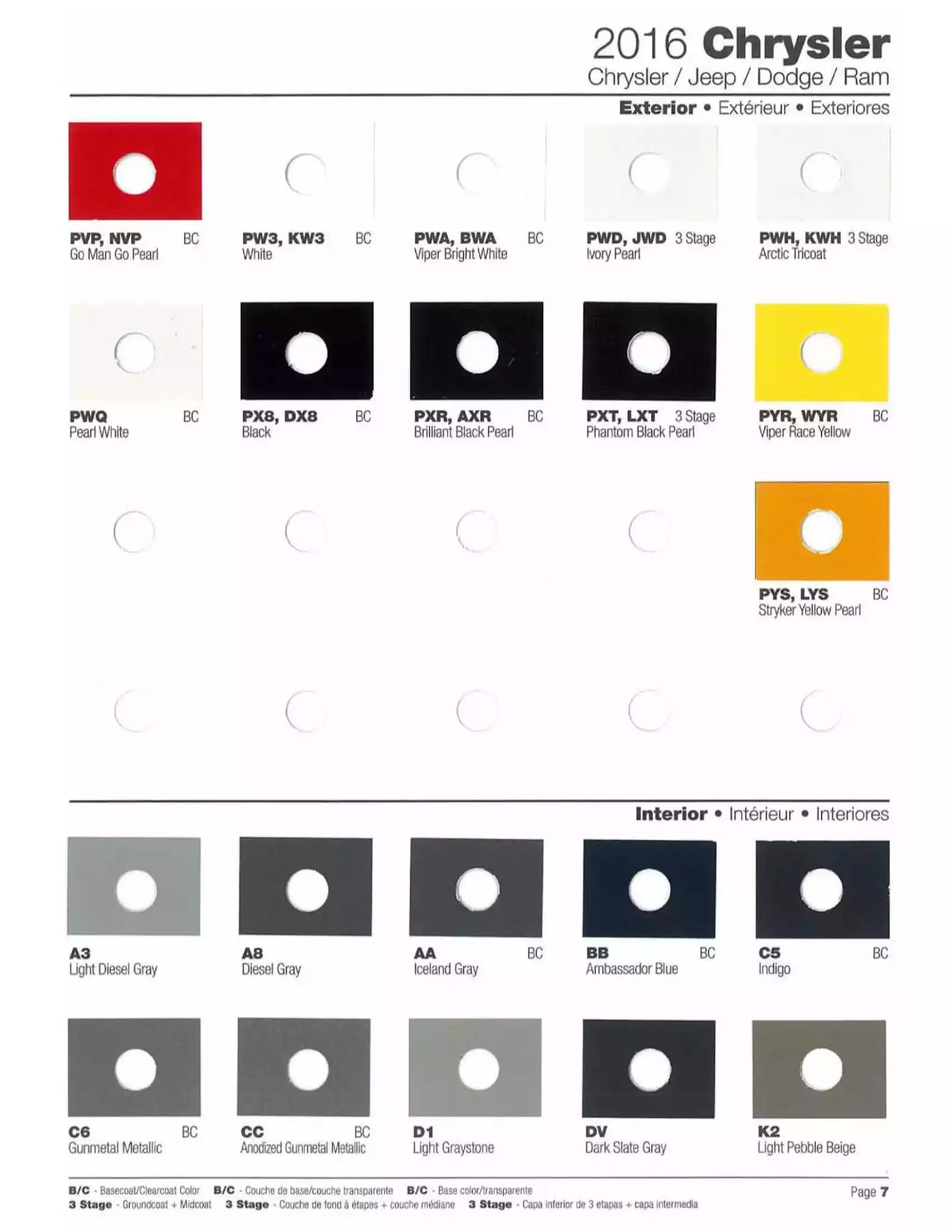 2016 Chrysler, Dodge, Jeep, Ram Paint Codes & Color Chart Paint color examples, their ordering codes, the oem color code, and vehicles the color was used on