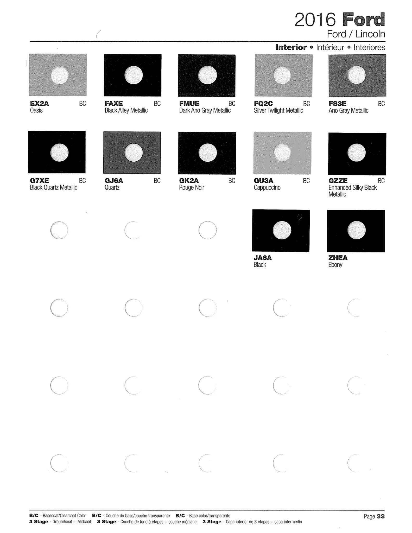 Color swatches, color names and their ordering paint codes for Ford Motor Company vehicles in 2016