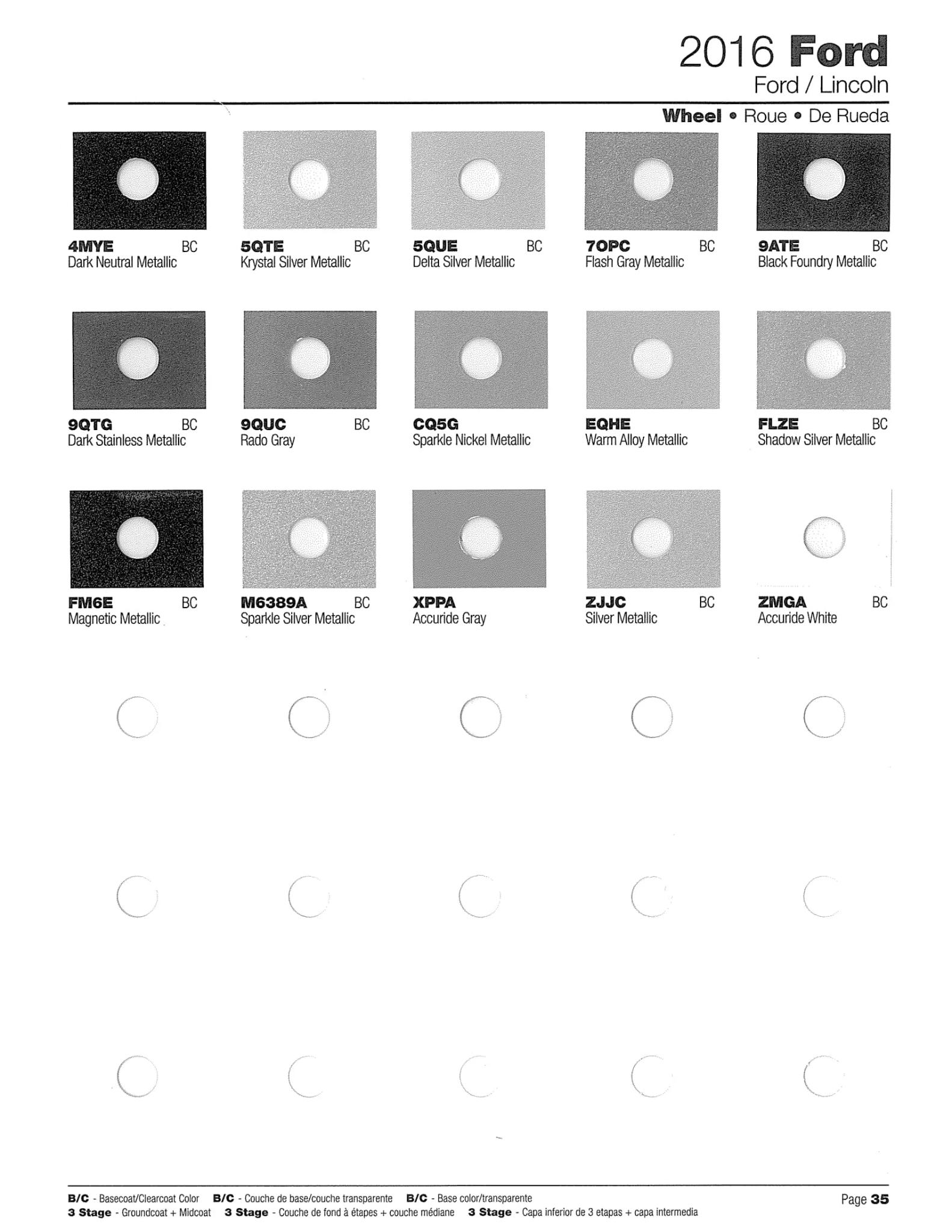 Color swatches, color names and their ordering paint codes for Ford Motor Company vehicles in 2016