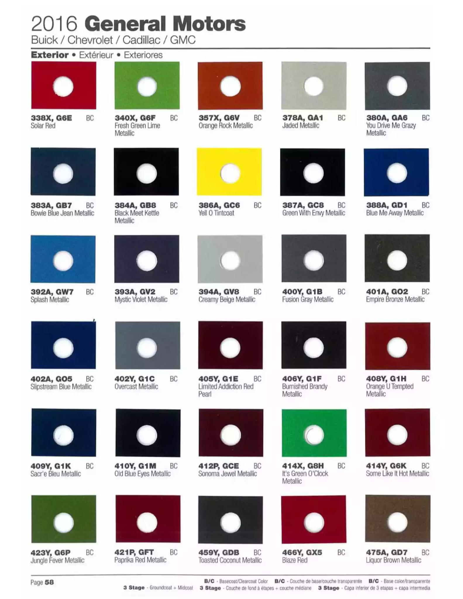 2016 Buick, Cadillac, Chevrolet, & GMC Paint Codes & Color Chart Paint color examples, their ordering codes, the oem color code, and vehicles the color was used on