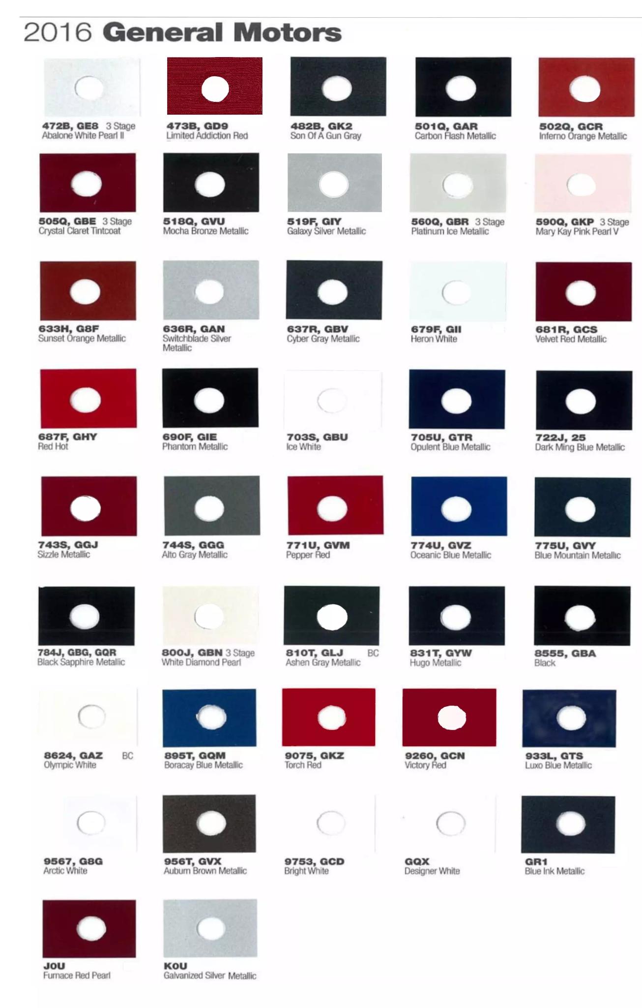 2016 Gm Paint Codes and Color Chart Paint codes and their Color Example used on all General Motor Vehicles
