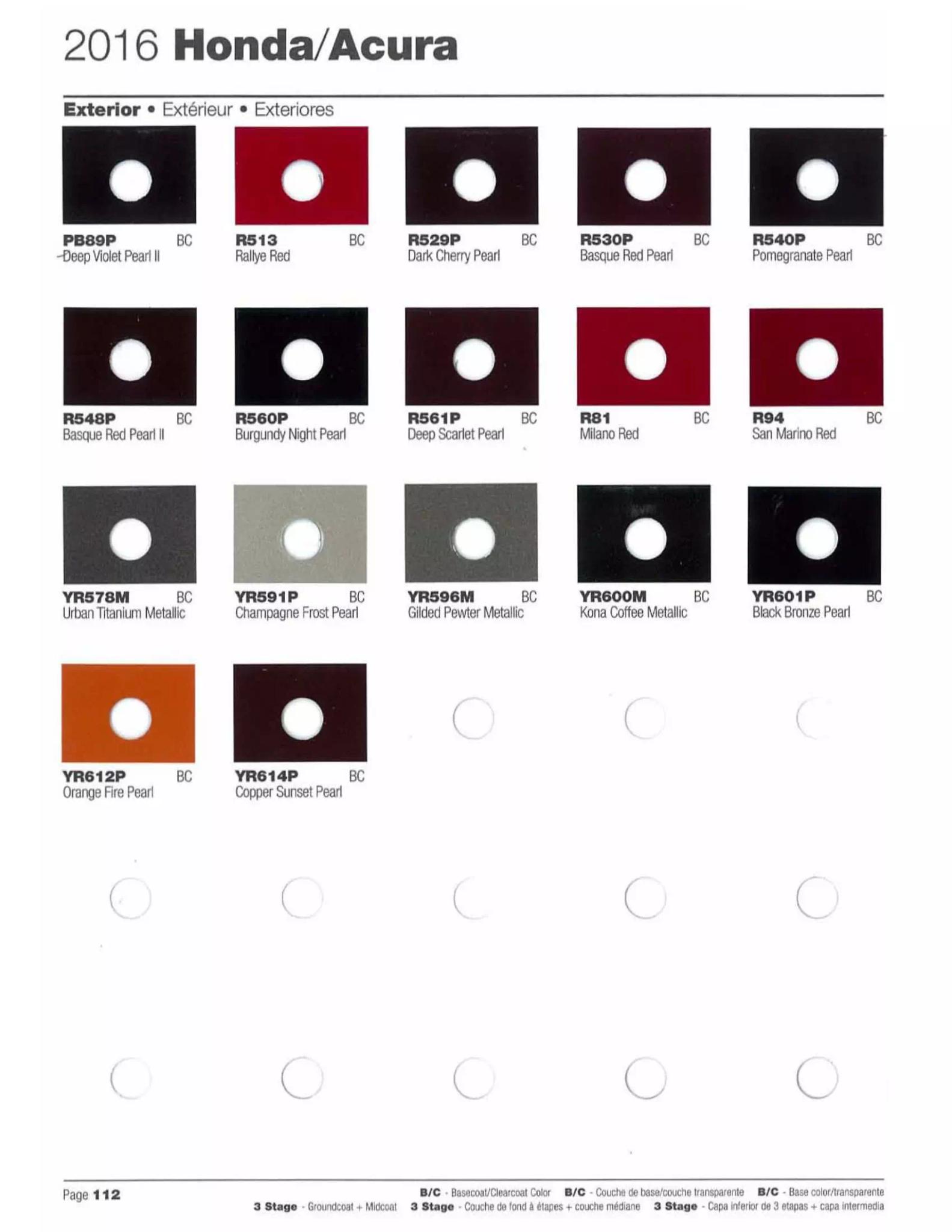 Exterior paint chips and their ordering codes for Honda and Acura Vehicles