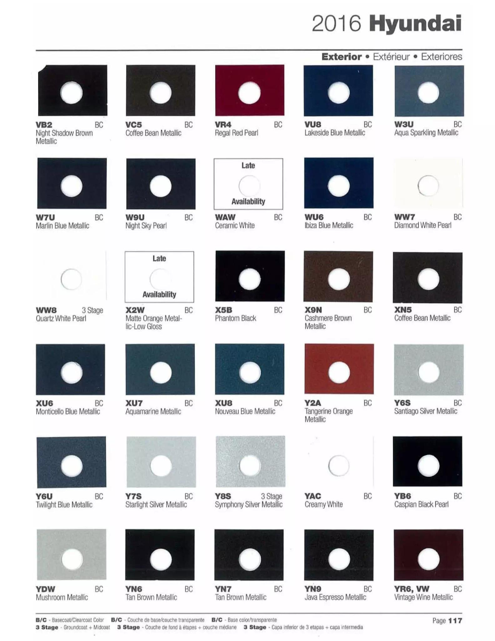 2016 Hyundai Paint Codes & Color Chart Paint color examples, their ordering codes, the oem color code, and vehicles the color was used on