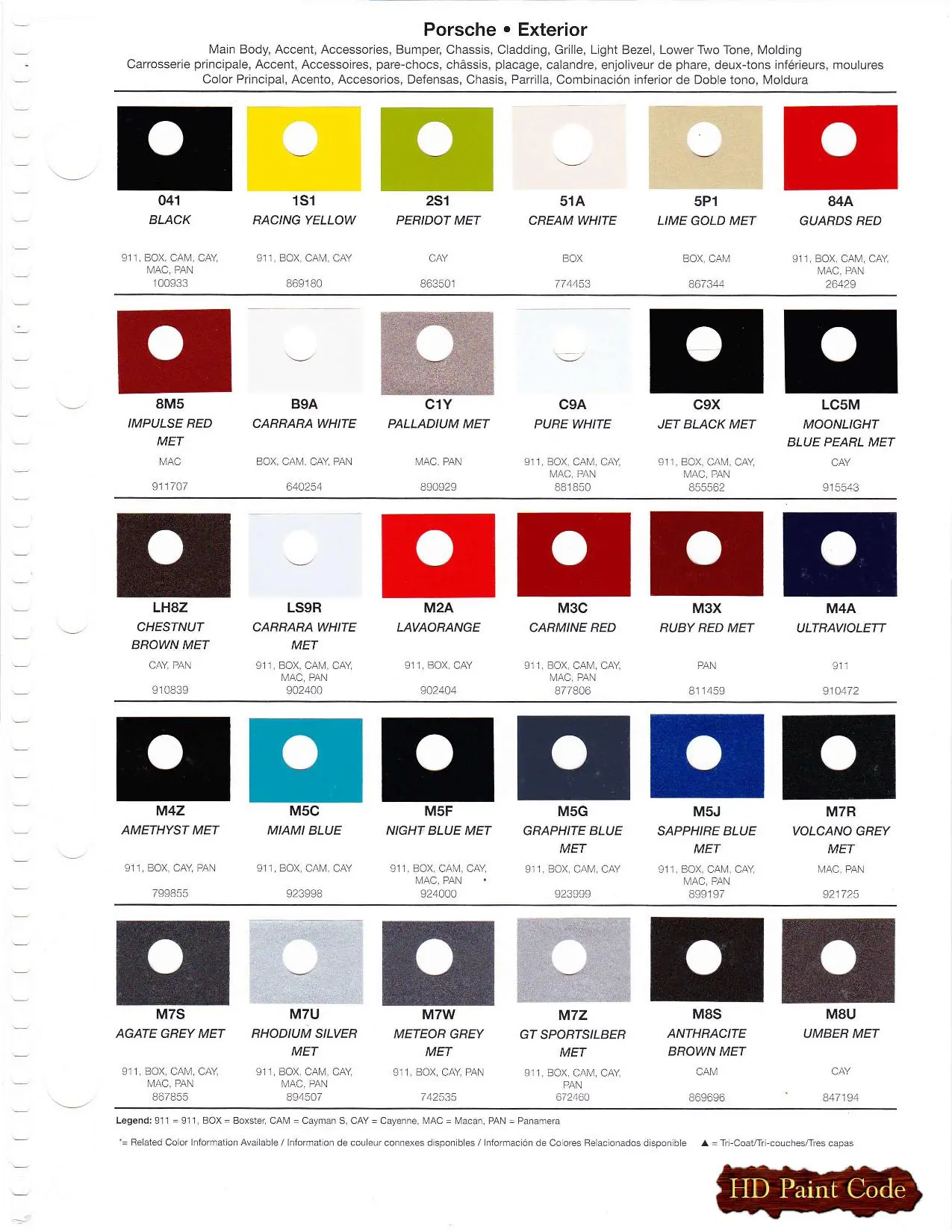 2016 Porsche Paint Codes & Color Chart Paint color examples, their ordering codes, the oem color code, and vehicles the color was used on